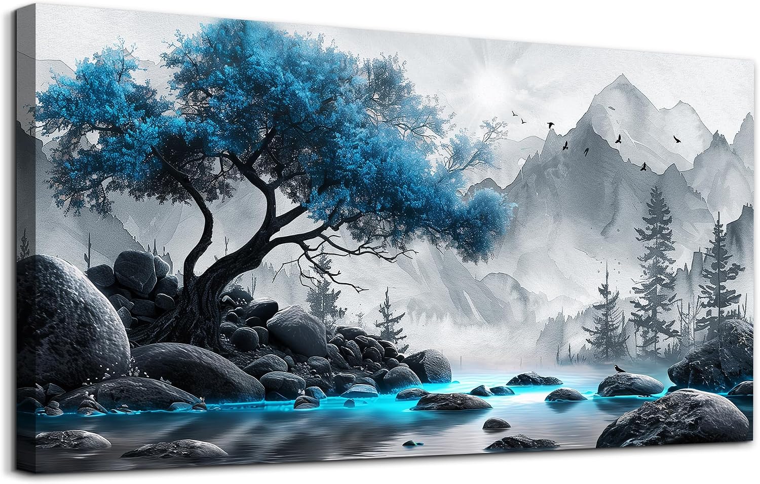 Lapremoly Large Canvas Wall Art For Living Room, Office, Bedroom - Black And White Painting - Blue Tree Landscape - Hotel Artwork - Family Home Decor