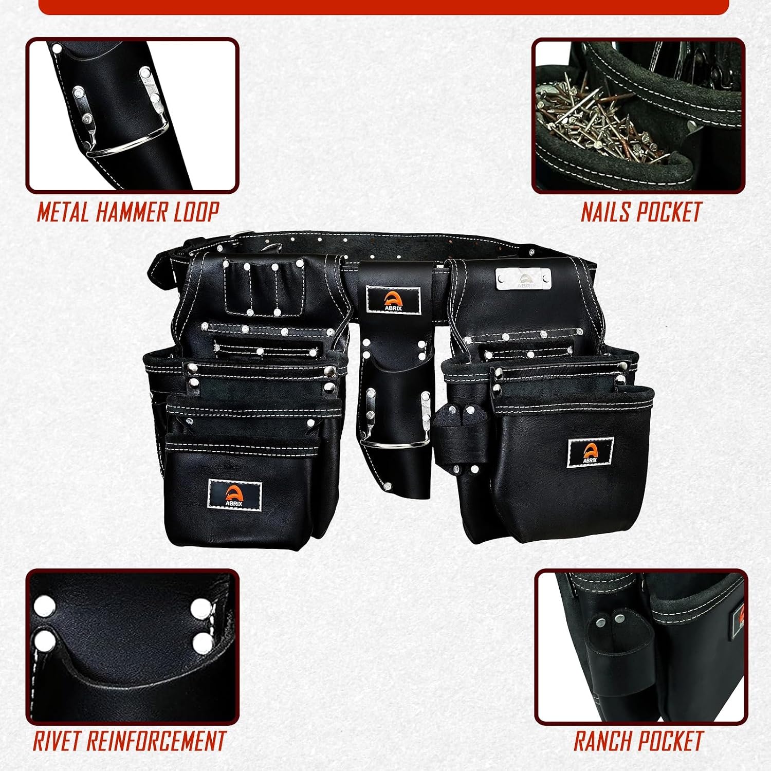 ABRIX Heavy Duty Tool Belt for Men – 4MM Thick Genuine Leather, Brass Buckle & Rivets | Foam Padded Comfort | 28-Pocket Carpenter & Framing Rig | Fits Waist 32 to 52 Inches | Professional Work Belt