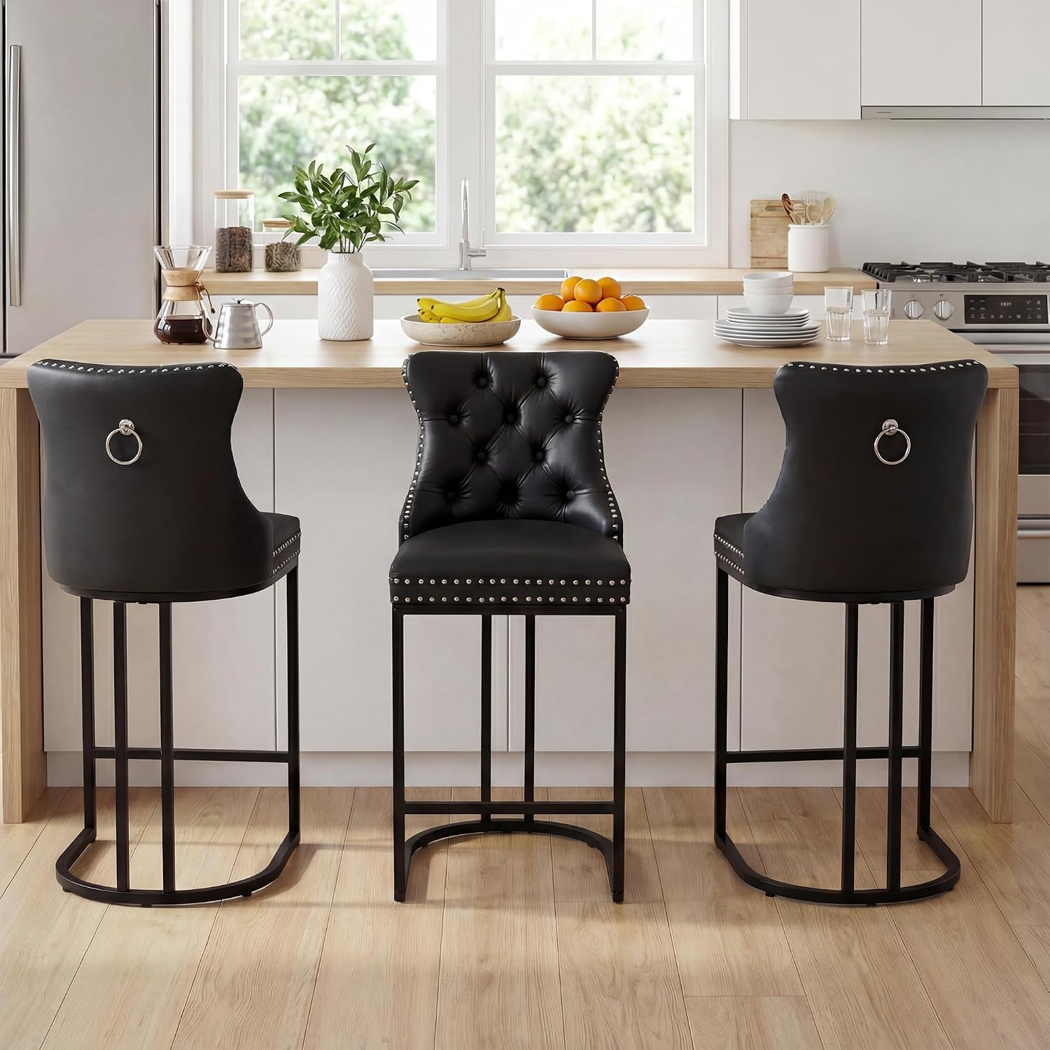 AQO 26 Inch Bar Stools Set of 3, Modern Counter Height Bar Stools with Backs, Upholstered Faux Leather Counter Stools for Kitchen Island, Black