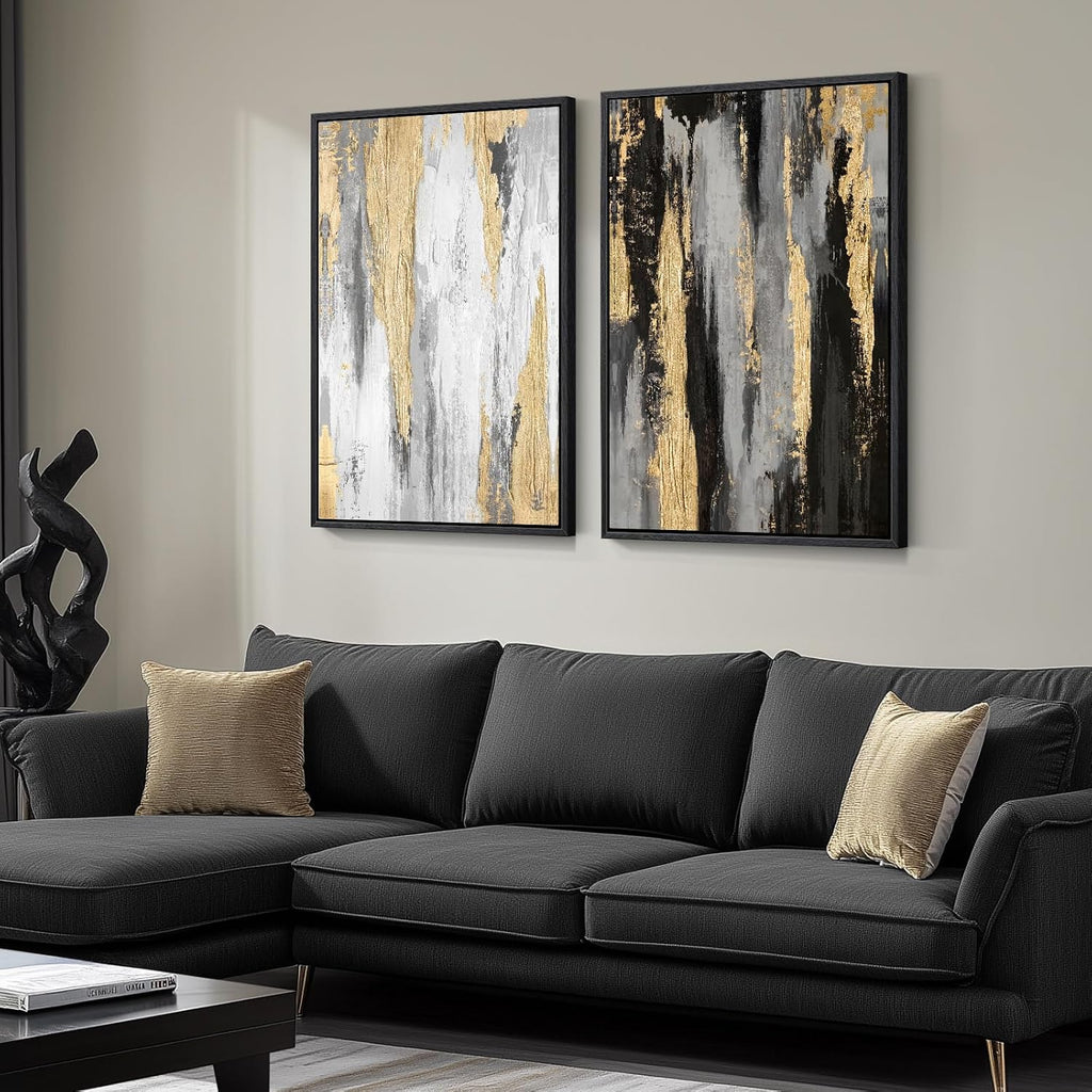 Large Framed Black and White Abstract Wall Art for Living Room, Set of 2 Piece Minimalist Canvas Prints Paintings Artwork for Walls, Modern Black Gold Pictures for Hallway Office Wall Decor Big Size 24x36 In