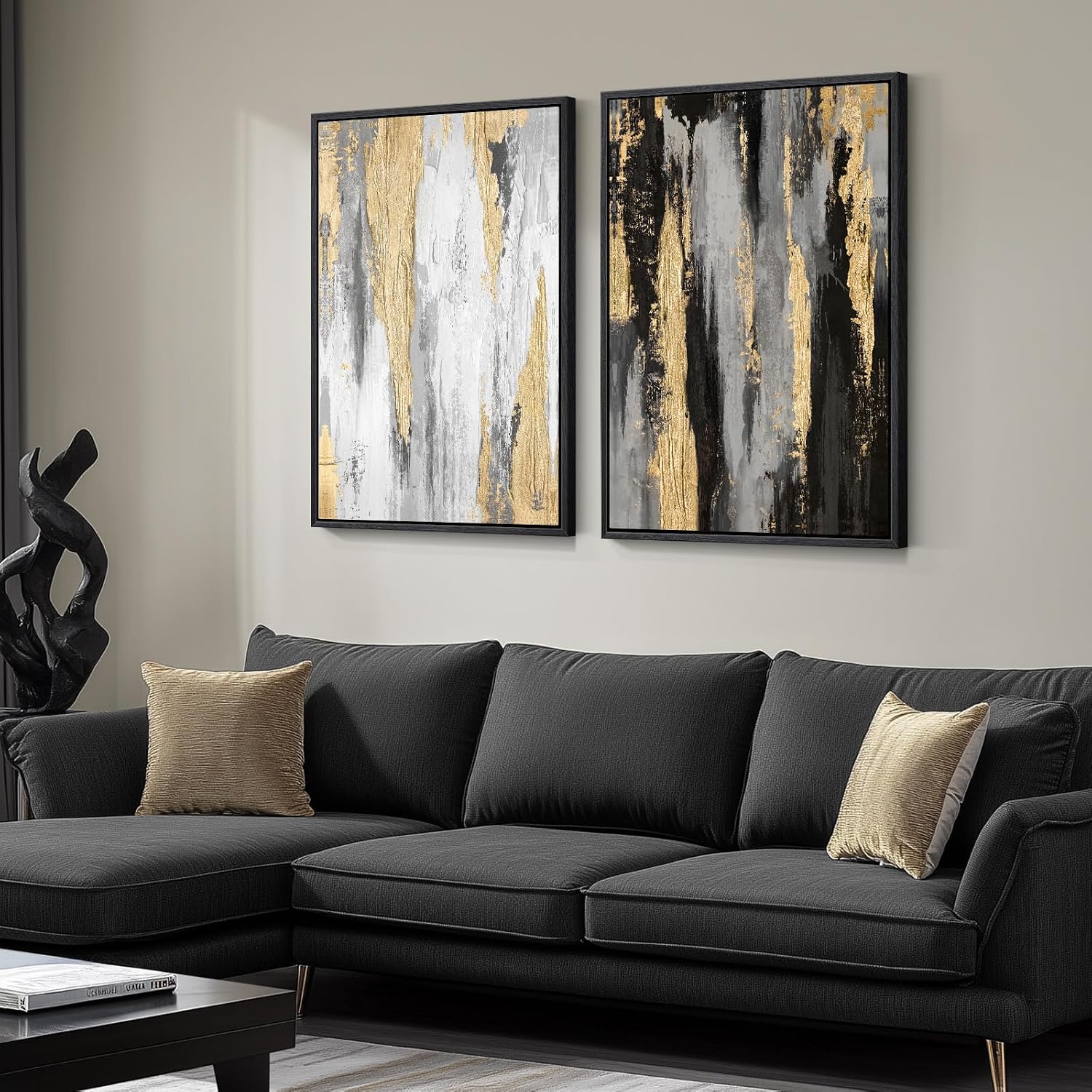 Large Framed Black and White Abstract Wall Art for Living Room, Set of 2 Piece Minimalist Canvas Prints Paintings Artwork for Walls, Modern Black Gold Pictures for Hallway Office Wall Decor Big Size 24x36 In