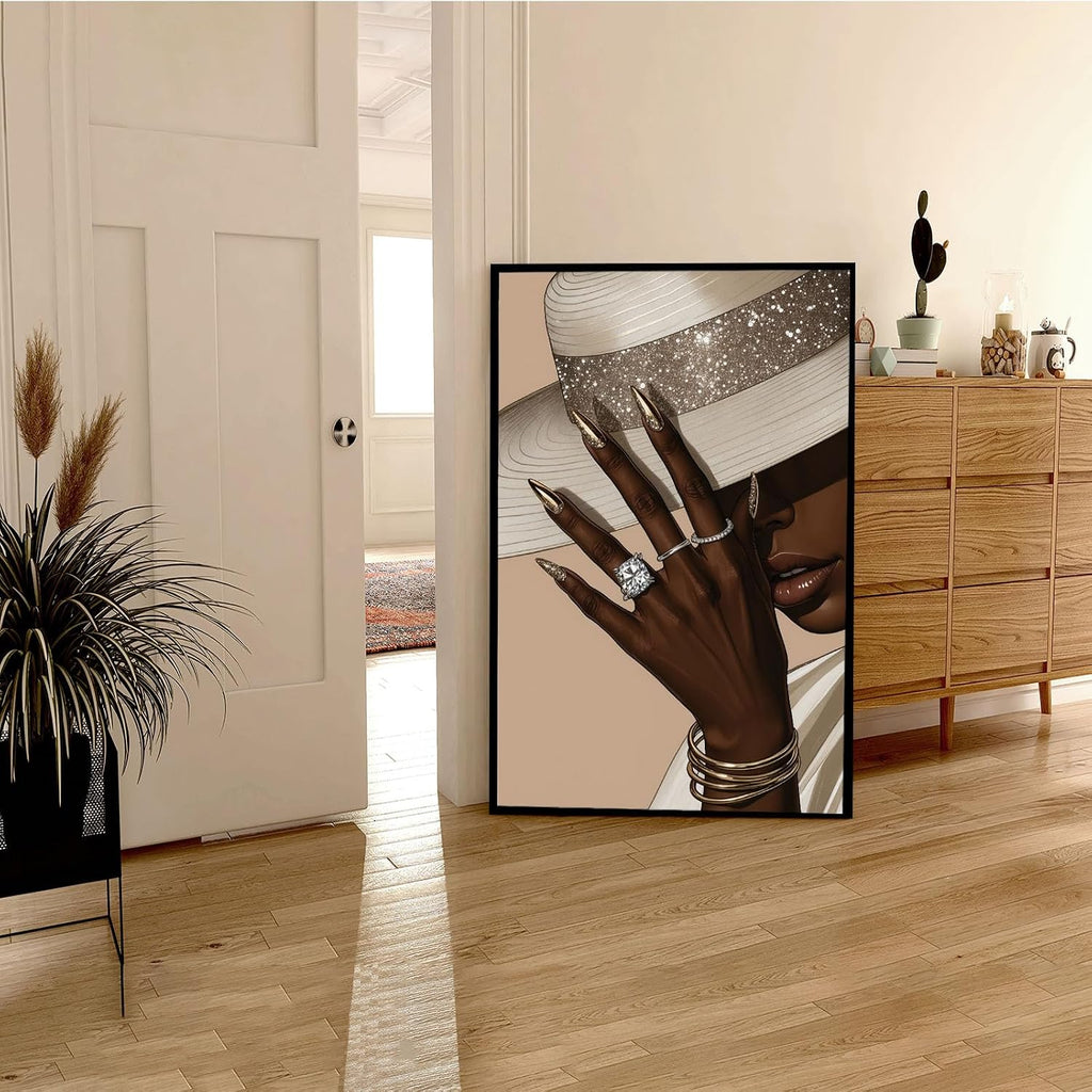 Fashion wall painting Black girl with white hat Canvas painting African poster is a good choice for room decoration Simple art 24x36in Metal blackFramed