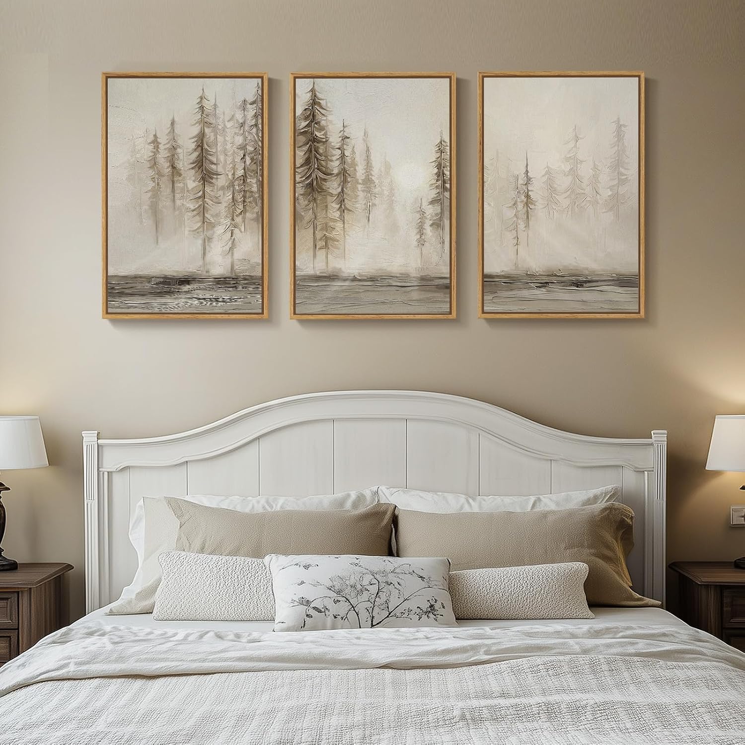 Framed Neutral Pine Tree 3 Piece Wall Art for Living Room, Abstract Modern Landscape Canvas Artwork for Walls, Large Foggy Nature Scenic Painting Prints for Bedroom Hallway Office Wall Decor, 20x30 In