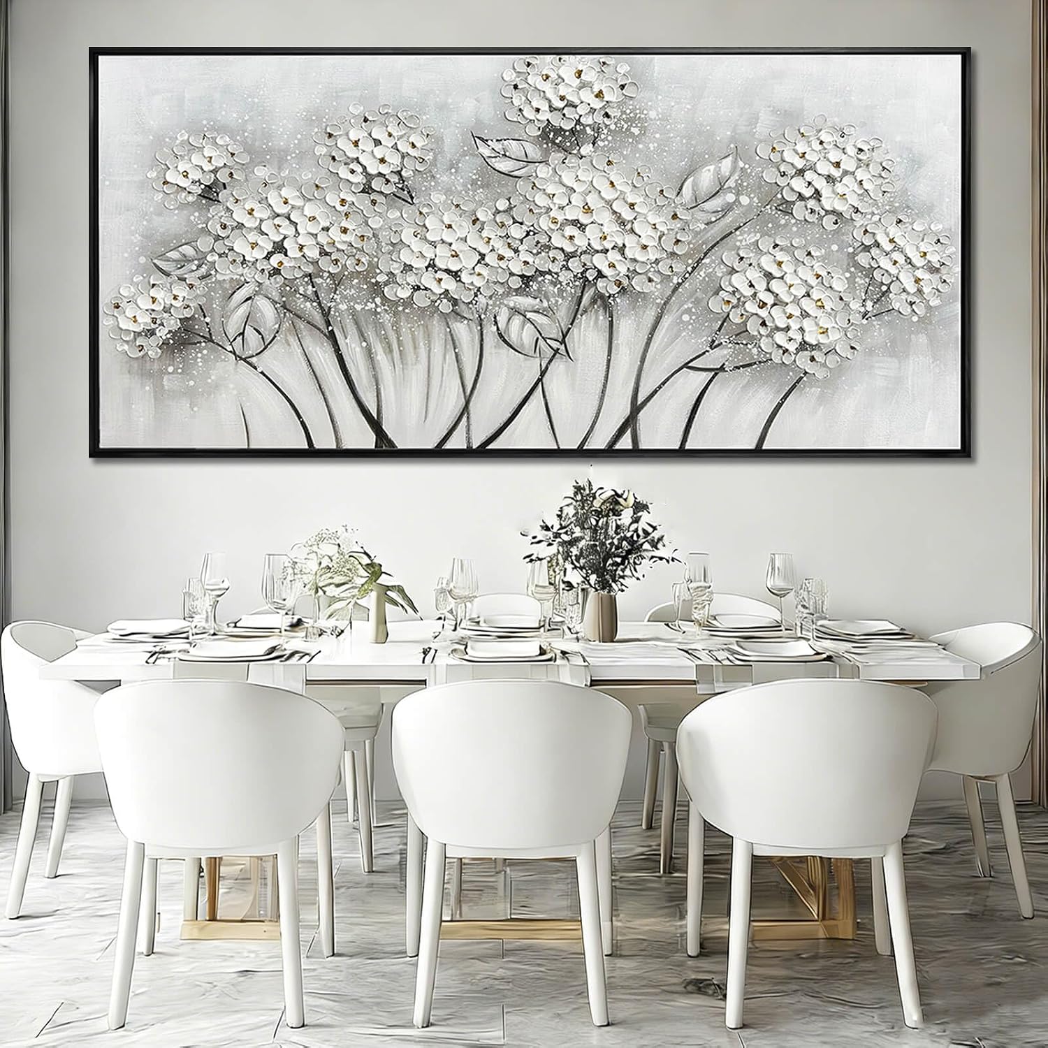 Kureful Grey and White Hand Painted Wall Art Flower Canvas Artwork Contemporary Oil Paintings 40'x86' Decorations for Bedroom Office