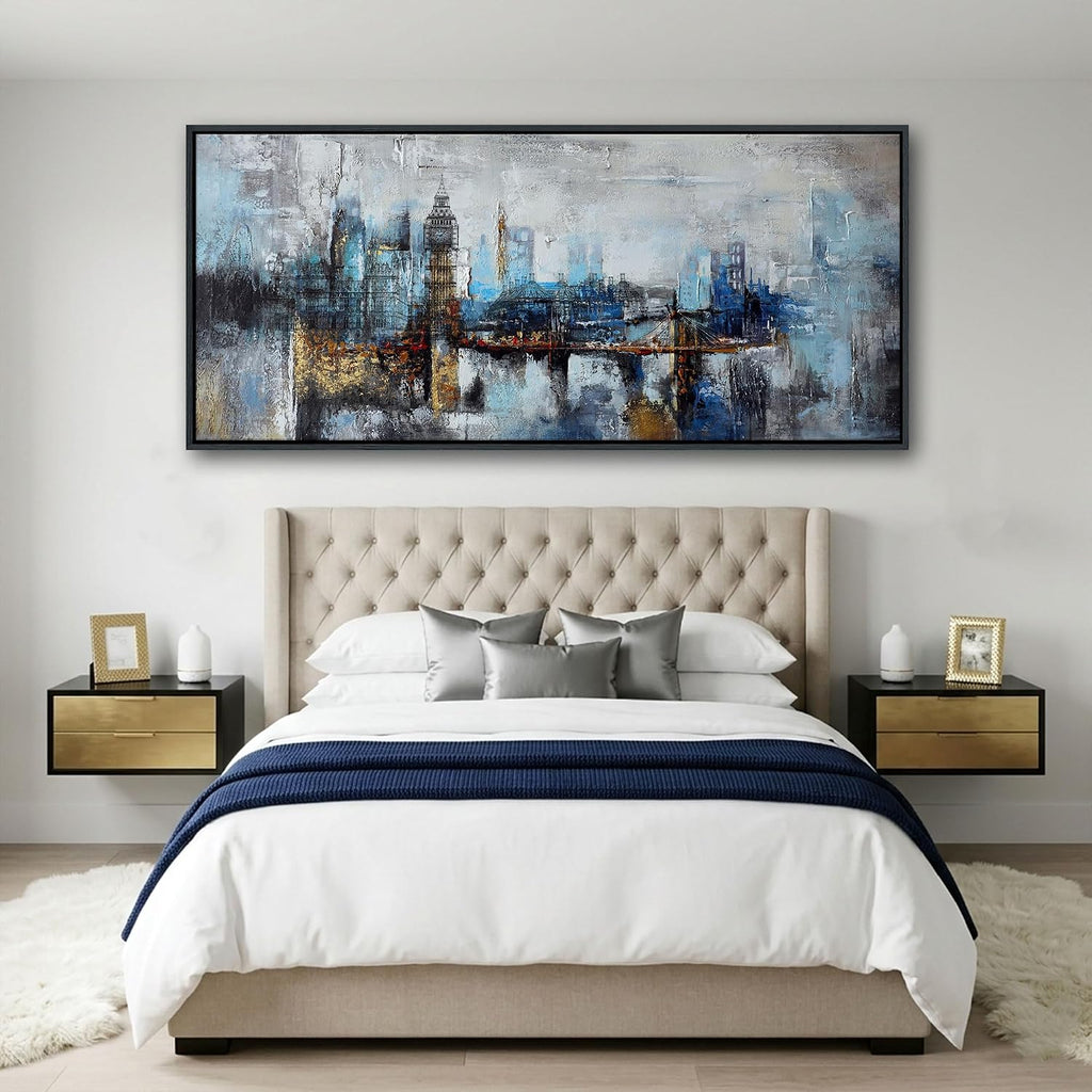 Large Wall Art for Bedroom Abstract City View Canvas Art Gray Blue Buildings Prints for Bedroom Wall Art Office Artwork Wall Decor for Living Room Decor 31x70 inches Black Framed