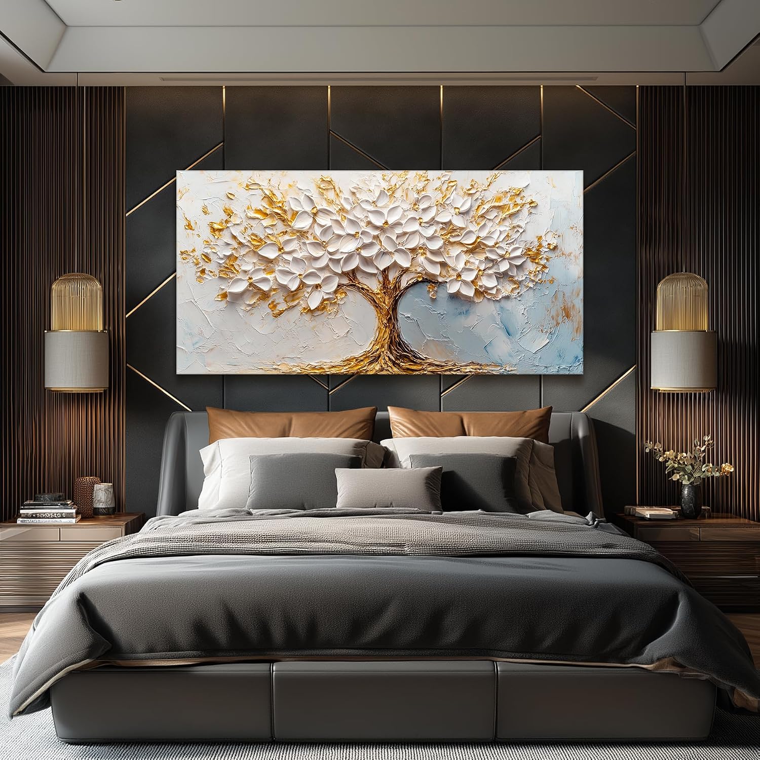 SERIMINO Tree of Life Wall Art, White Gold Tree Extra Large Artwork, Neutral Aesthetic Abstract Art Wall Decor, Modern Fantasy Pictures for Living Room Dining Room Office Canvas Prints 29'X57'
