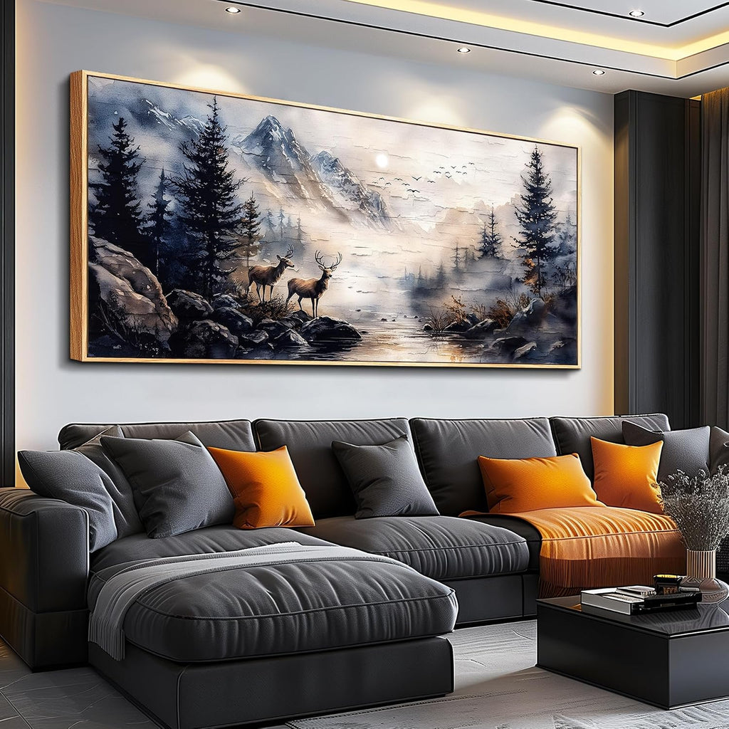ERQINHUA Modern Abstraction Ink Painting Elk Forest landscape Large Canvas Wooden Frame Wall Art For Bedroom Wall Decor For Living Room Restaurant Office Printed Art Home Decor Ready To Hang32 X72