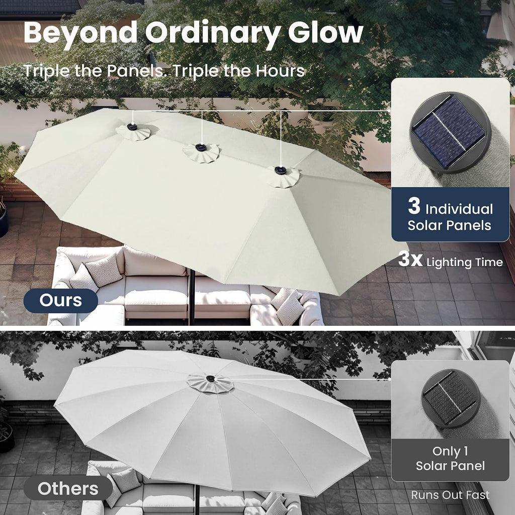 PHI VILLA 15ft Large Patio Umbrella with Solar Lights, Double-Sided Outdoor Market Rectangle Umbrellas with 36 LED Lights, Umbrella Base (Stand) Included, Ivory