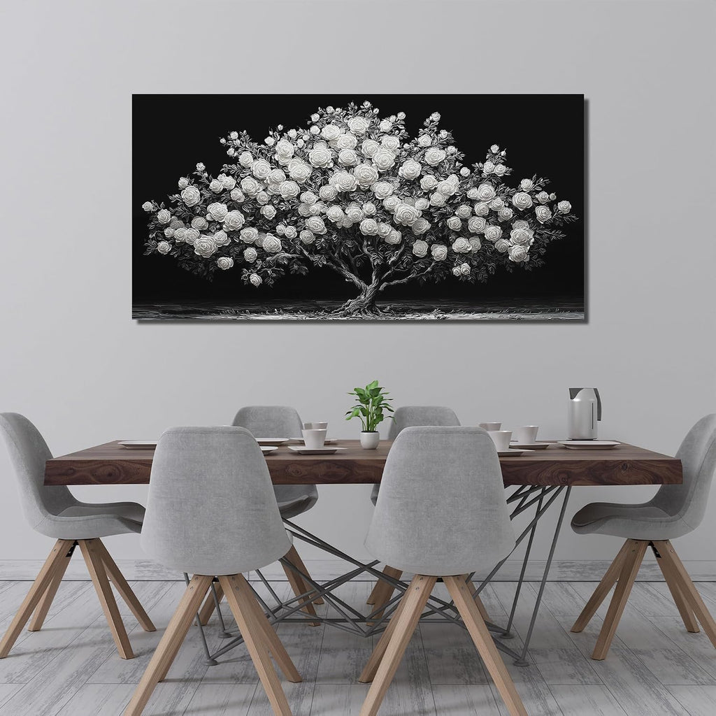 JuhaiArt Tree Painting Canvas Bedroom Black Poster Floral Wall Decor White Rose Wall Picture for Living Room Home Office 29'x 59'