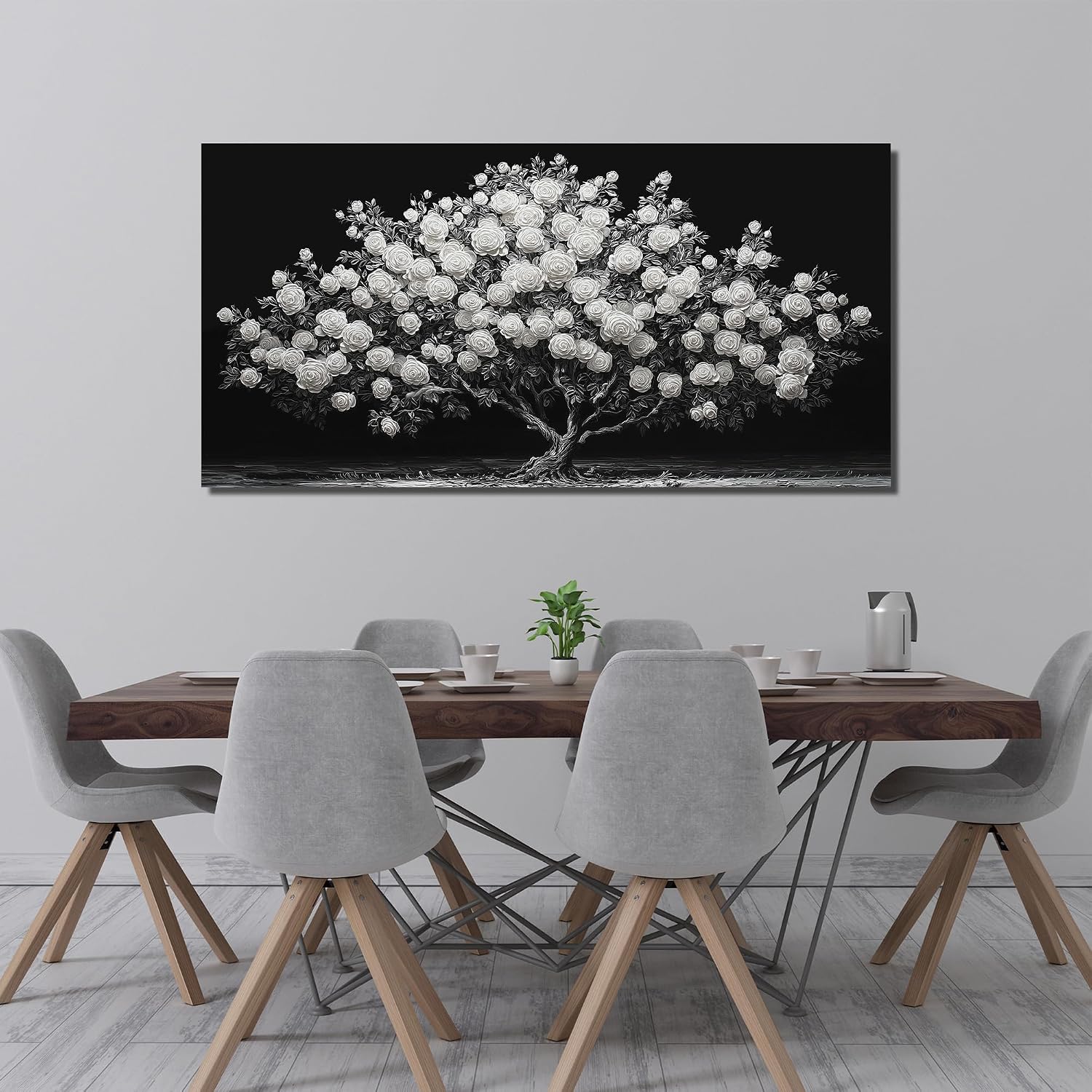 JuhaiArt Tree Painting Canvas Bedroom Black Poster Floral Wall Decor White Rose Wall Picture for Living Room Home Office 29'x 59'