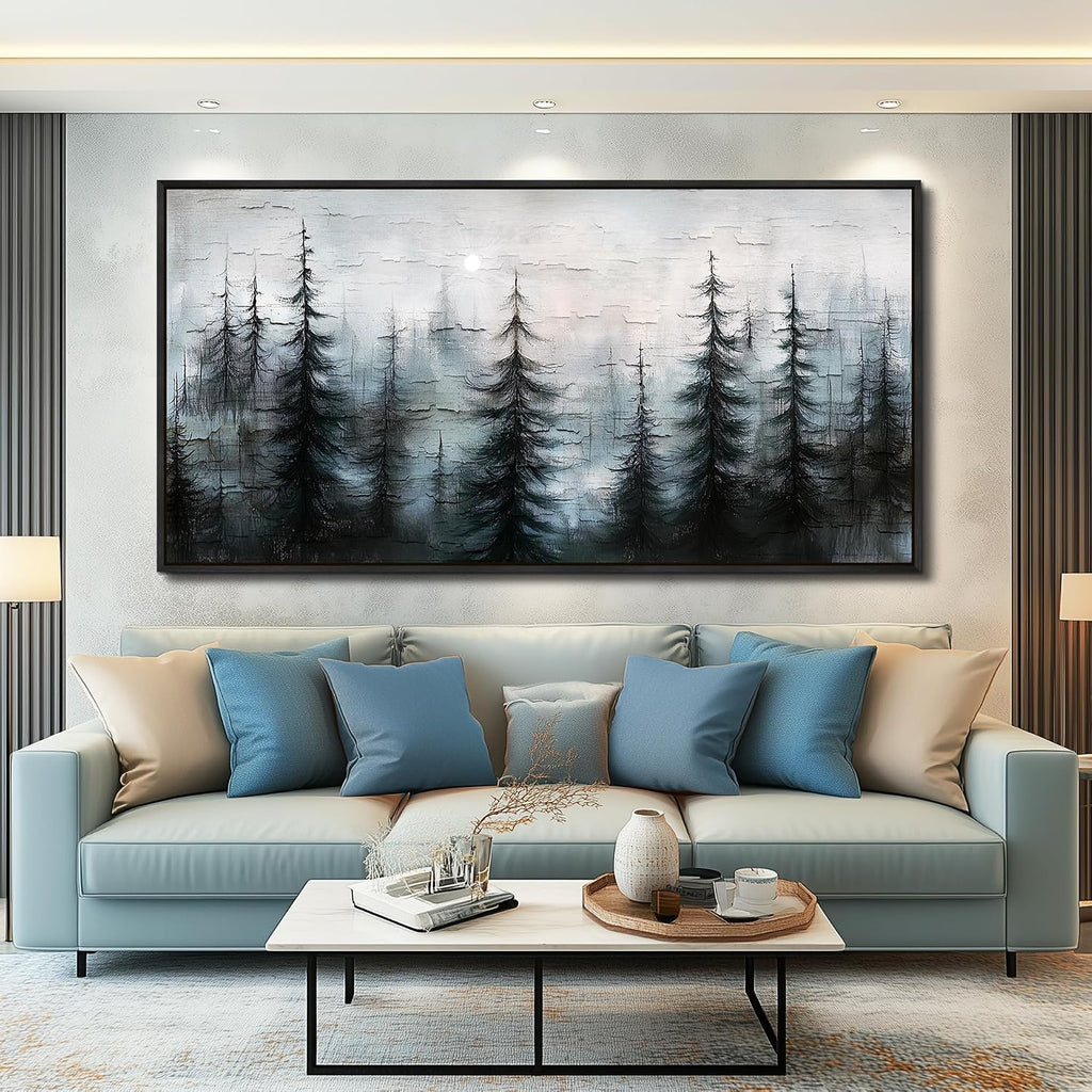 XIGUANGART Misty Forest Canvas Wall Art Nature Landscape Pictures Farmhouse Abstract Tree Watercolour Painting Wall Decor Living Room, Bedroom Home Office Decorations Artwork Black Framed Large 60x30