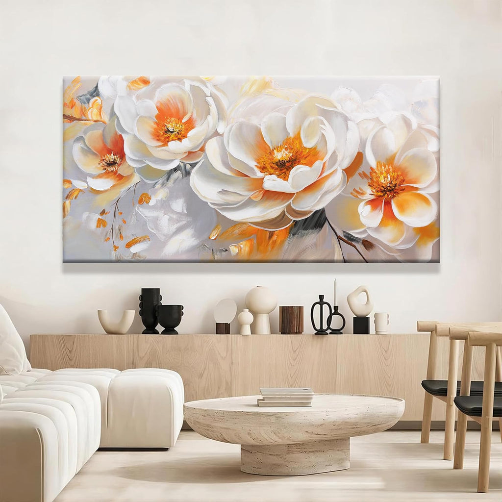 Suconvng Large Wall Art For Living Room Floral Wall Artwork Modern Canvas Art Wall Decor 29' X 58' Painting Orange White Flower Wall Art For Bedroom Home Office Dining Room Home Decoration