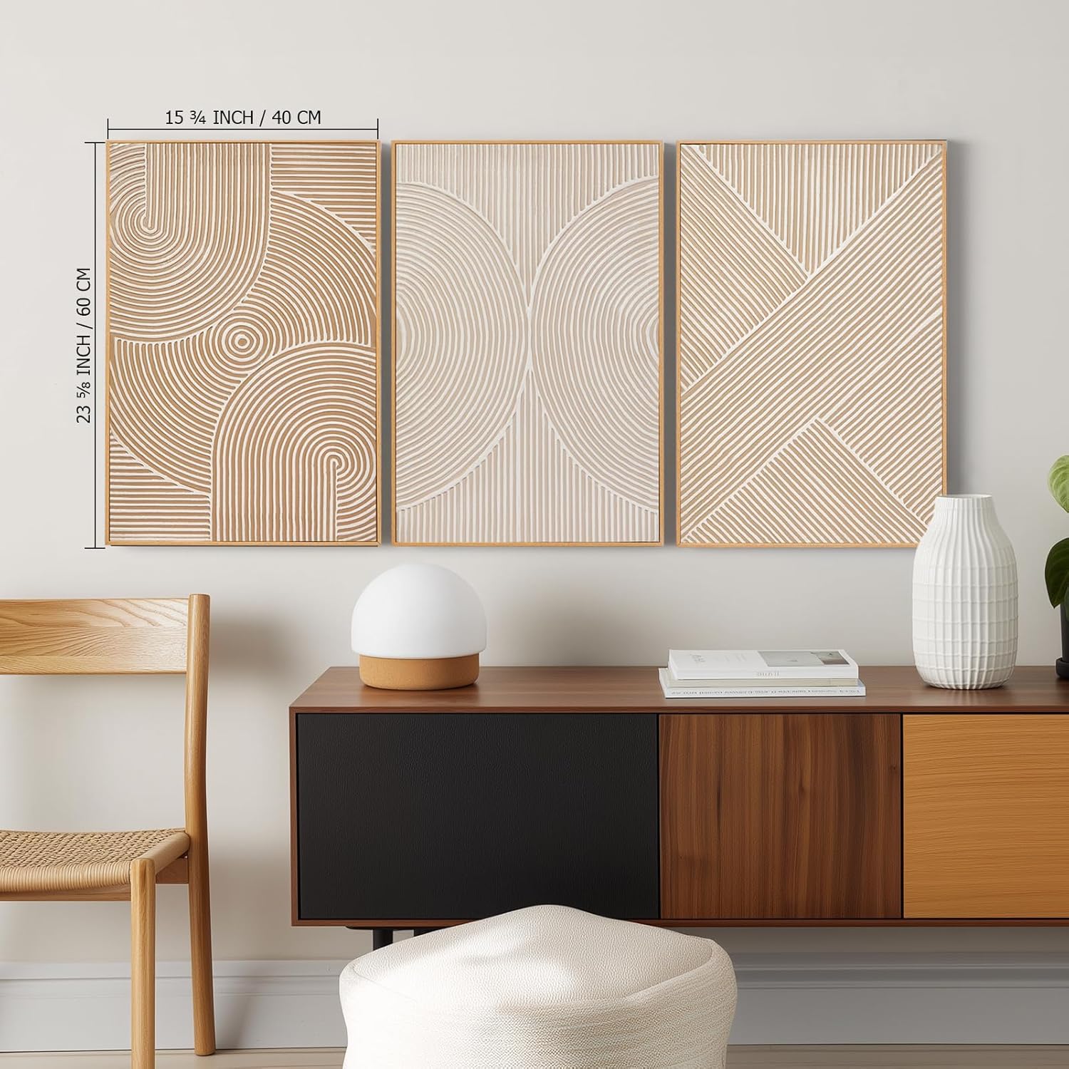 Zessonic Neutral Minimalist Textured 3D Wall Art Abstract Hand-Painted Framed Wall Decor Geometric Artwork Canvas Paintings- Living Room Bedroom Office - Modern Boho Neutral Line 16'x24' 3 piece