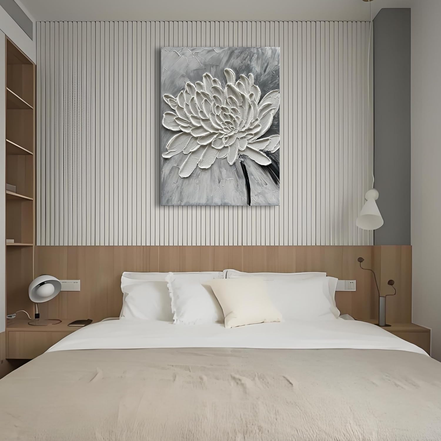 Hand Painted Modern Abstract Oil Painting White Flower Painting 40x28 inch Contemporary Minimalist Art Wall Decoration