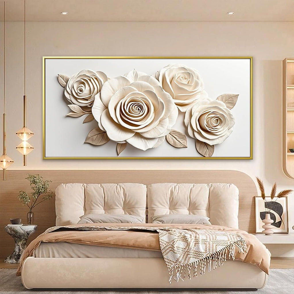 Gold Framed Wall Art Living Room Home Wall Decor Modern Canvas Art Wall Decor 29x58 Inches Large White Flower Wall Art Elegant Picture For Bedroom Hotel Office Artwork