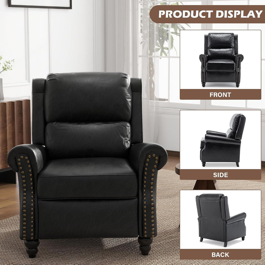 Pushback Recliner Chairs Set of 2, PU Leather Armchair Push Back Accent Chair, Rivet Trim Club Chair Home Theater Overstuffed Single Sofa Reading Seat for Living Room, Black