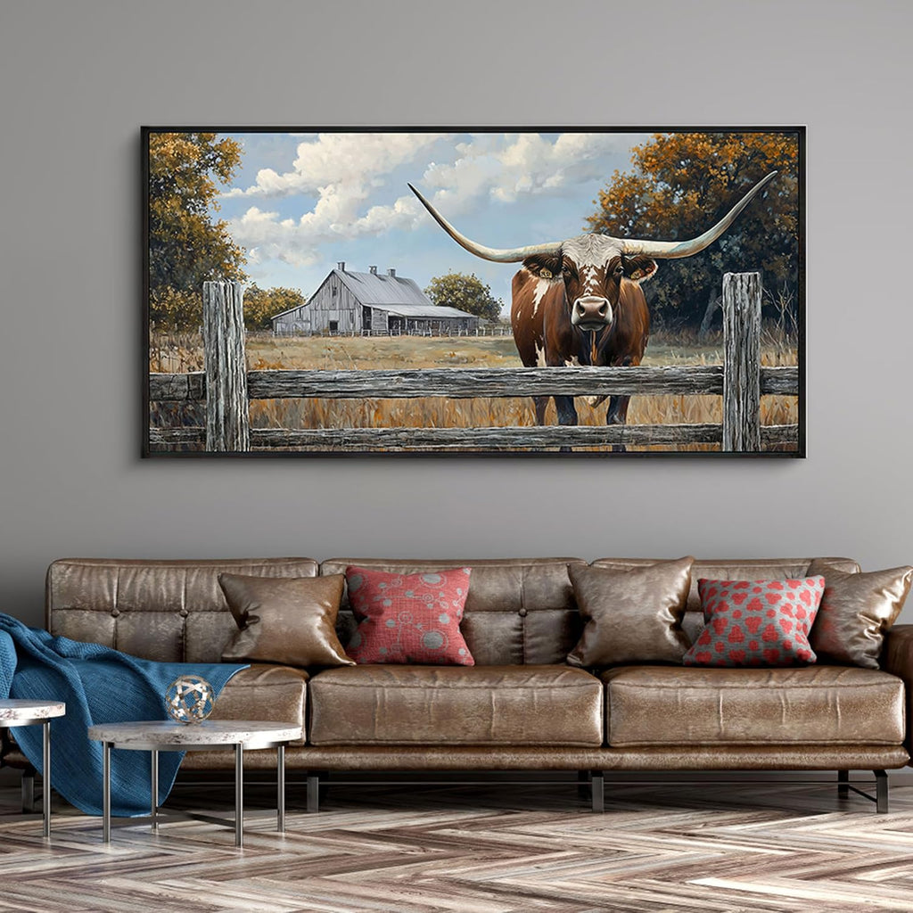 XLSJERST Rustic Wall Decor Poster 58x29 Inches - Longhorn Picture Farm Artwork Canvas Picture Brown Cow Wall Art for Living Room Guest Bath Decoration