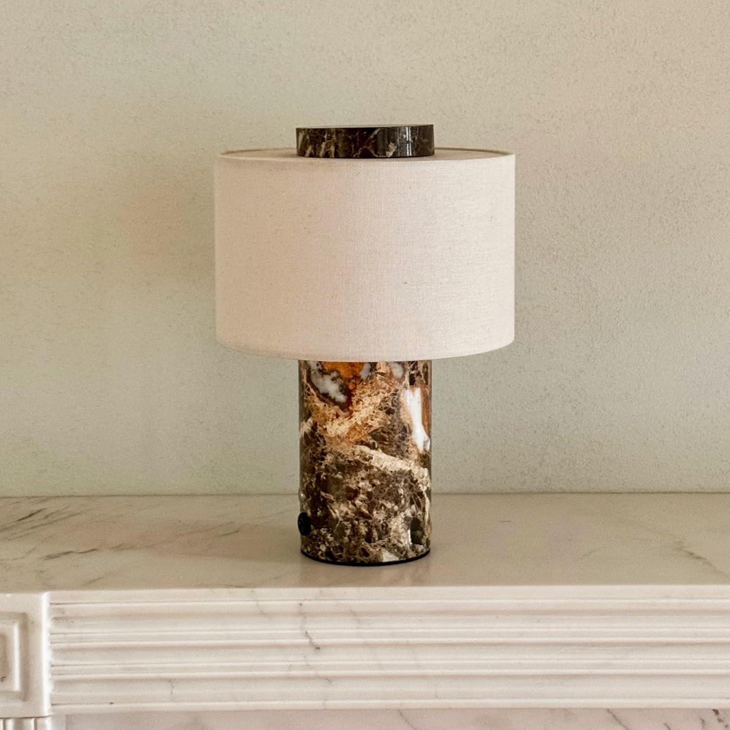 BSOD Marble Lamp, Stone Table Lamps Collection - Modern Cylindrical Lampshade Cordless Luxury Design Bedside Lamp for Home Decor, Bedroom, Living Room & Office (Rechargeable Emperador Dark Lamp)