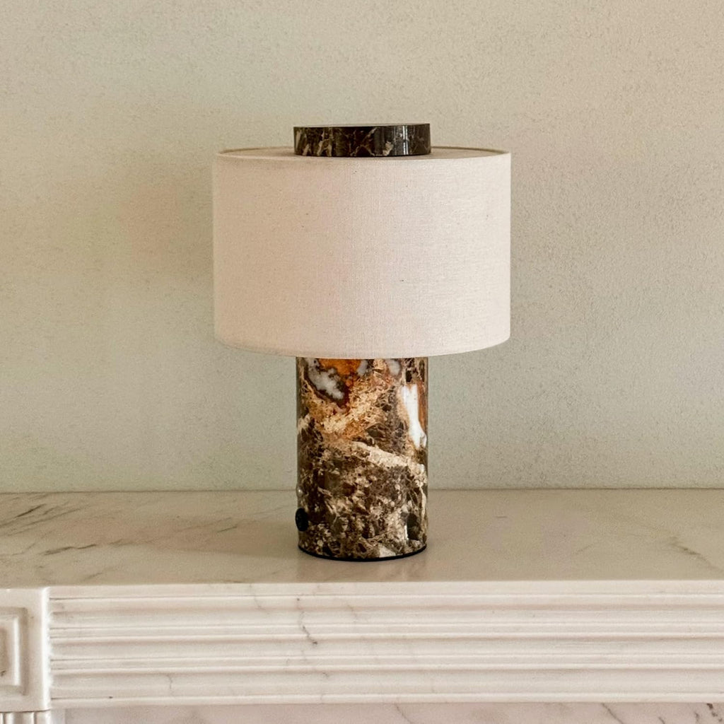BSOD Marble Lamp, Stone Table Lamps Collection - Modern Cylindrical Lampshade Cordless Luxury Design Bedside Lamp for Home Decor, Bedroom, Living Room & Office (Plug-in Emperador Dark Lamp)