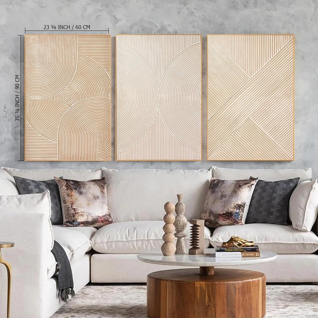 Zessonic Large Textured 3D Wall Art Neutral Set of 3-24'x36' Hand-Painted Abstract Canvas Framed Paintings Brown for Living Room, Bedroom - Modern Minimalist Neutral Boho Decor