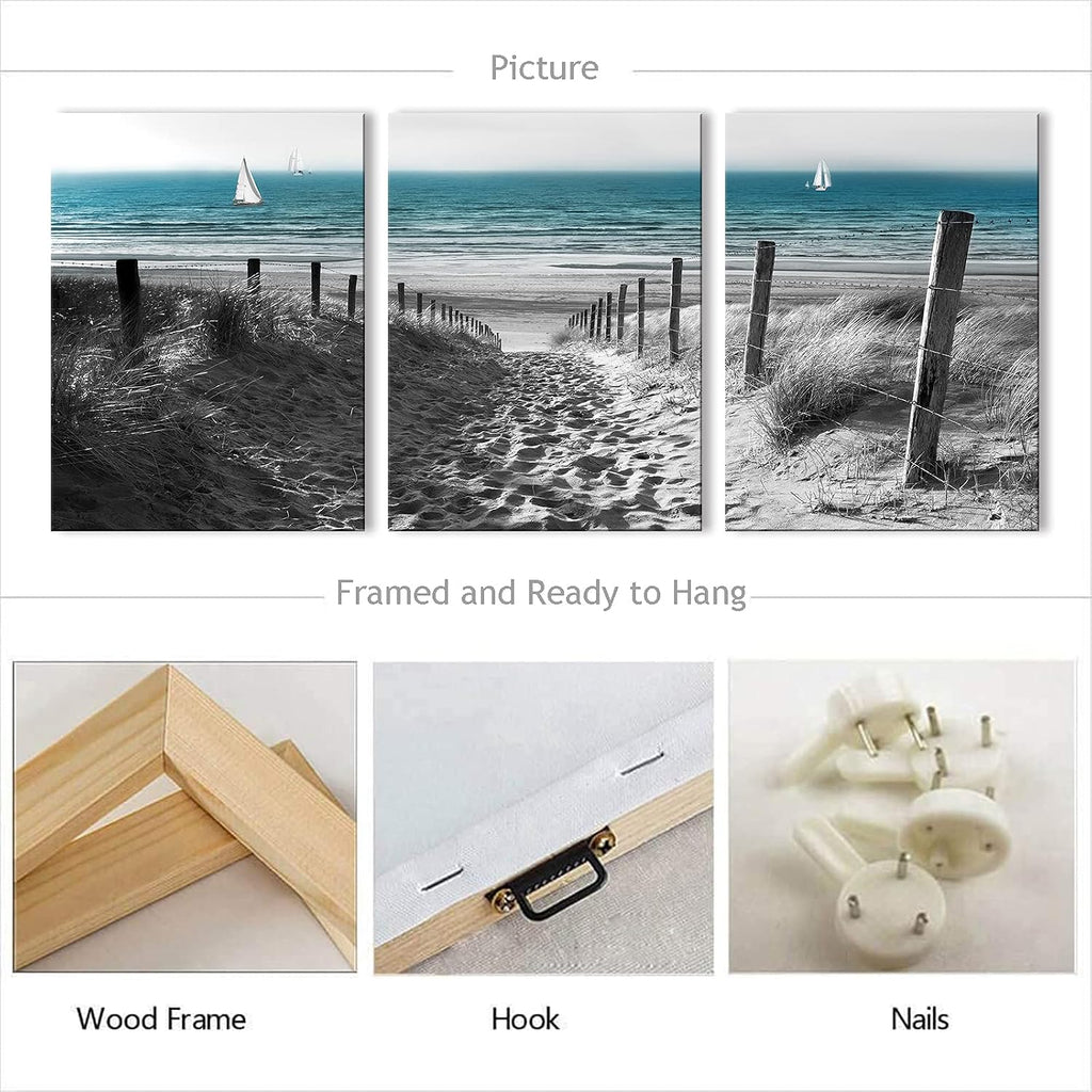 Beach Coastal Wall Art Blue Ocean Landscape Wall Decor for Living Room Bathroom Black and White Scenery Canvas Prints Pictures Seascape Sand Dune Paintings Artwork Office Home Decorations 16x24' 3 Pcs