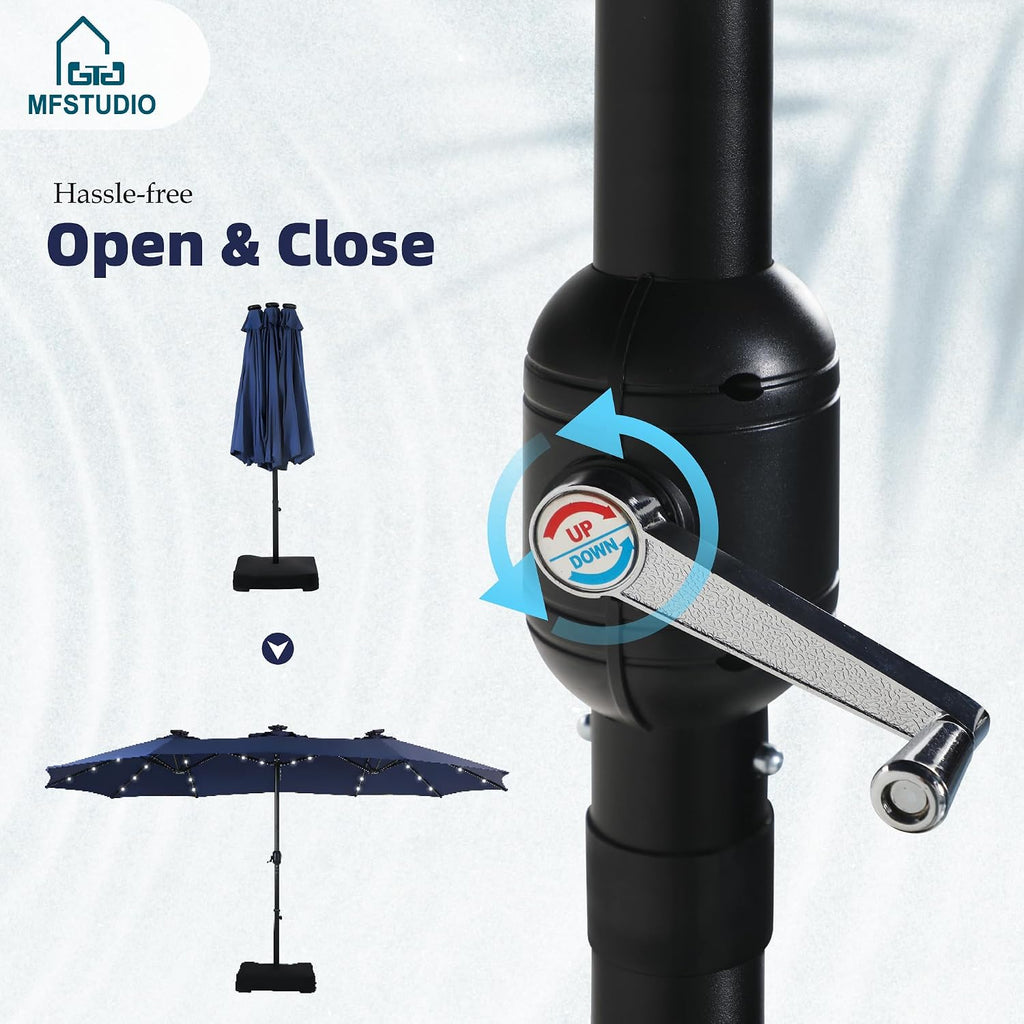 MFSTUDIO 15ft Double Sided Patio Umbrella with Solar Lights, Outdoor Large Umbrellas with Crank Handle and 36 LED Lights, Rectangular Market Umbrella with Base Included for Deck Pool Shade, Navy Blue