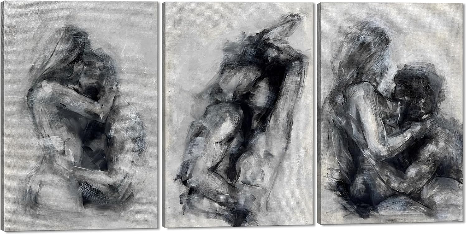 Large Abstract Sexy Canvas Wall Art Set of 3 Abstract Naked Couple Black and White Canvas Print Painting for Bathroom Bedroom Home Decorations 24x36inchx3pcs
