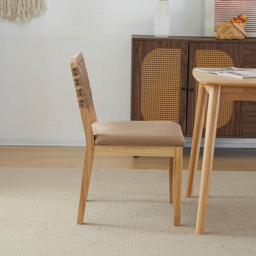 VINGLI Khaki Woven Wooden Dining Chairs Set of 2,Armless Mid Century Modern Desk Chairs with Rivet&Foot Pegs,Upholstered Farmhouse Comfy Chair No Wheels for Dining Room,Living Room,Kitchen,Oak,Suede