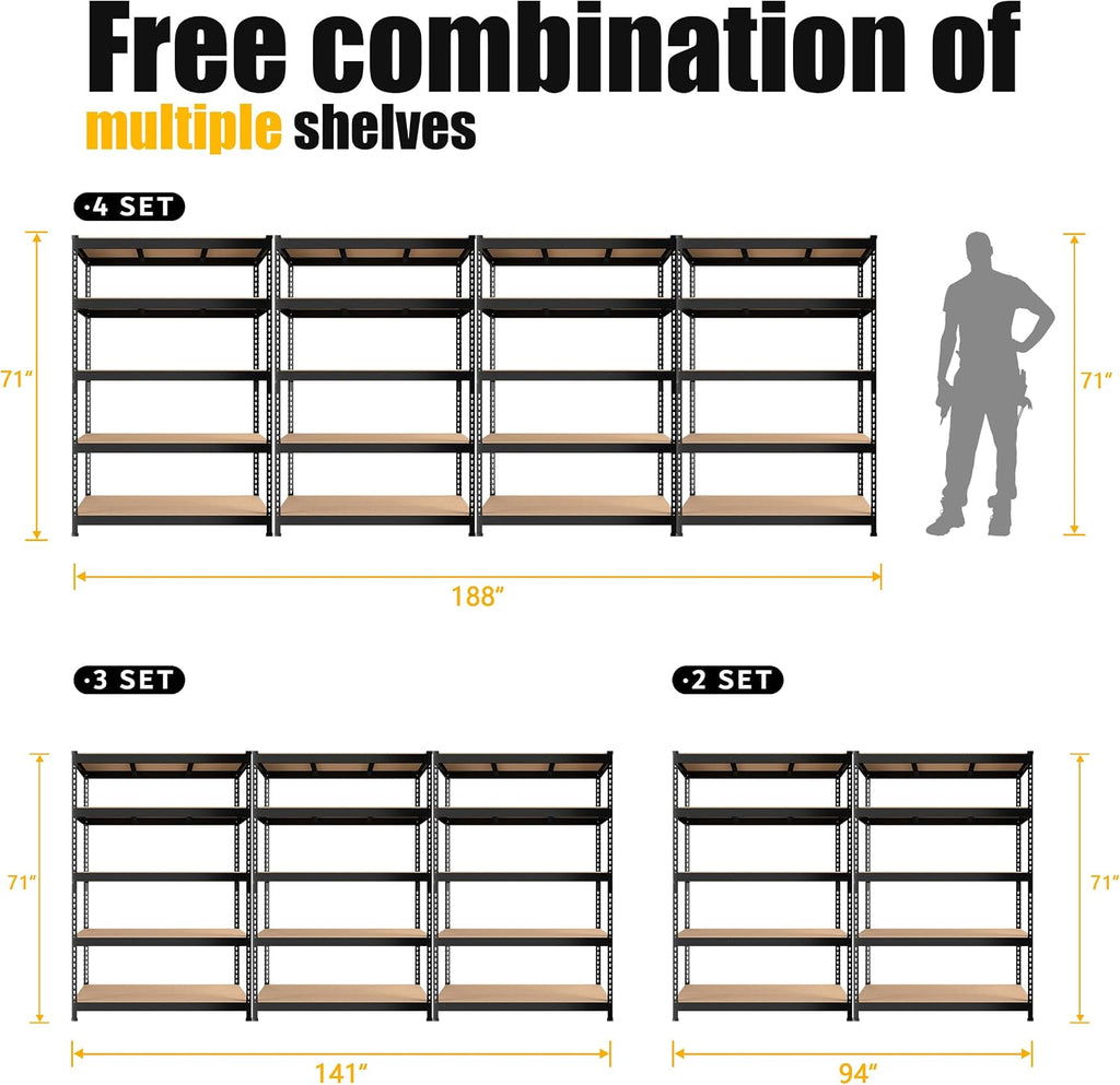 PrimeZone 2 Pack Heavy Duty Storage Shelves - 47'W x 18'D x 71'H 5 Tier Adjustable Garage Storage Shelving, Metal Utility Rack Organizer Shelf Unit for Warehouse Pantry Closet Kitchen Basement, Black