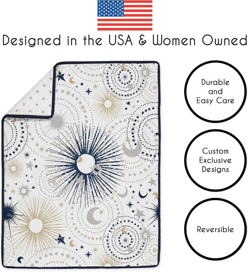 Sweet Jojo Designs 4-Piece Baby Crib Bedding Set (Star and Moon) for Boys or Girls, Infants/Nursery incl. Blanket, Fitted Sheet, Skirt, Diaper Stacker (Navy Blue, Grey, Celestial, Sky, Stars, Neutral)