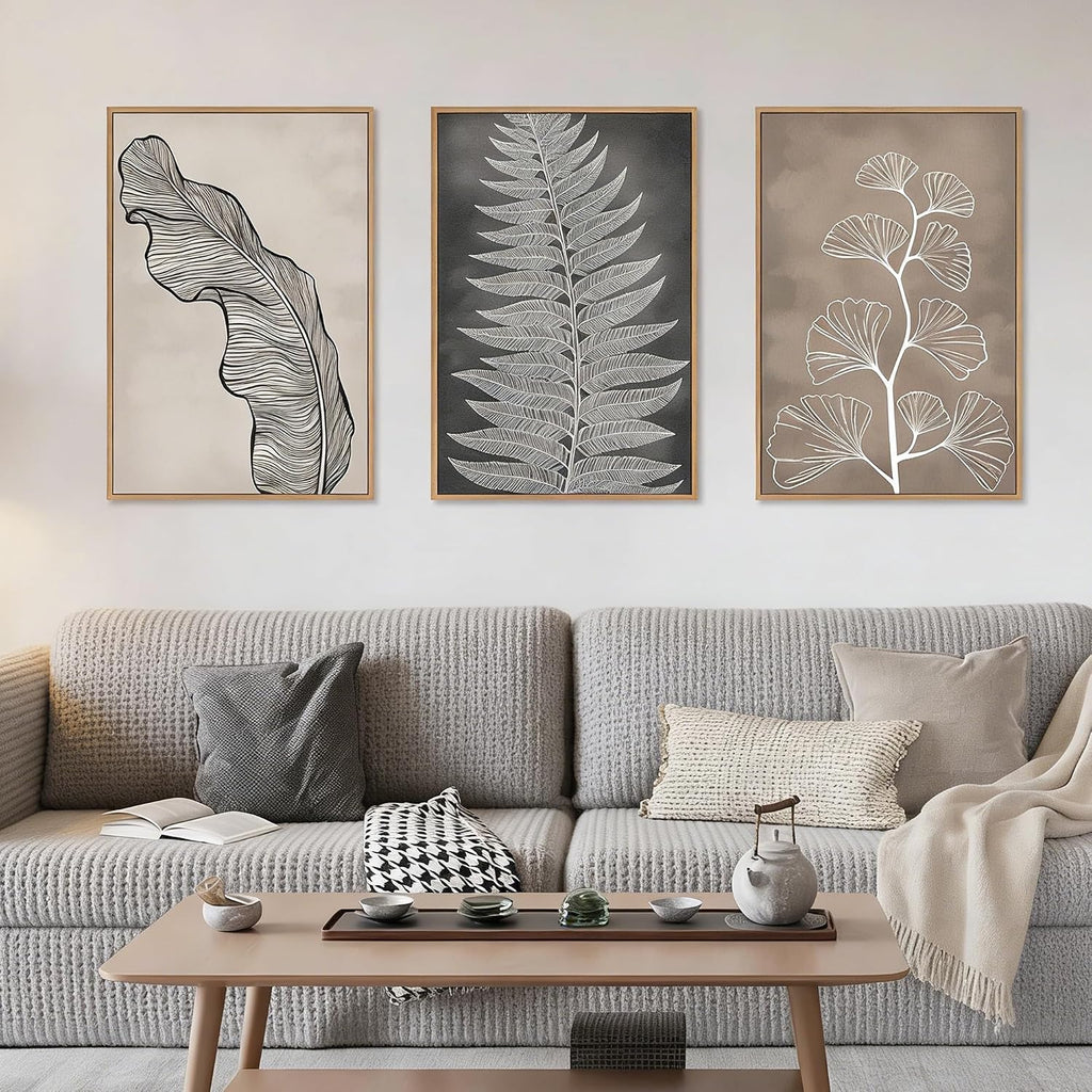 HLNIUC Botanical Neutral Framed Wall Art Set, Abstract Fern Leaf Canvas Wall Decor, Vintage Rustic Plant Wall Painting, Black Beige Nature Art Print for Living Room, Bedroom, Office - 24'x36'x3