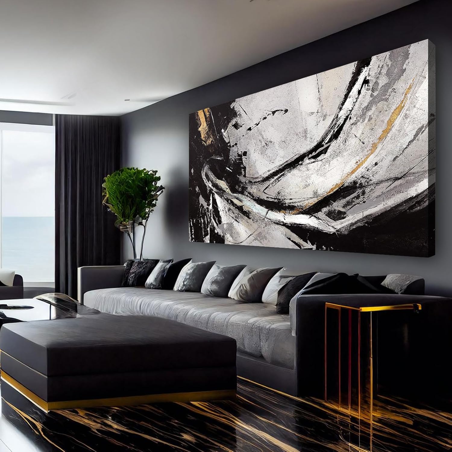 XIANSHOU Abstract Canvas Wall Art Gold Decoration Black Art for Living Room Bedroom Kitchen Home Wall Decor 29x58 Inch