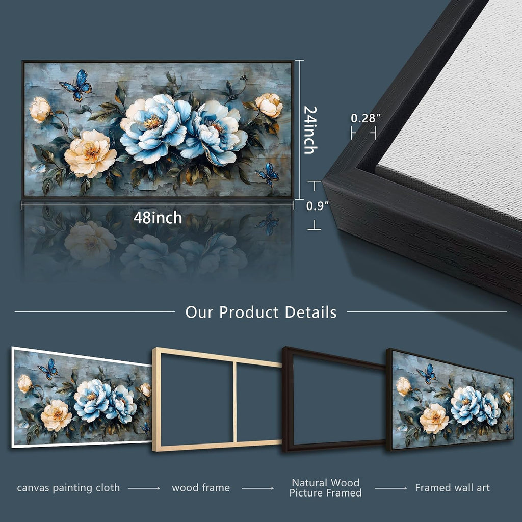 KELIYUAN Large Canvas Black Framed Wall Art Decor For Living Room Bedroom Abstract Wall Painting Flower ink painting Home Dining Room Wall Decorations Prints Posters Modern Room Home Decor 24'X48'