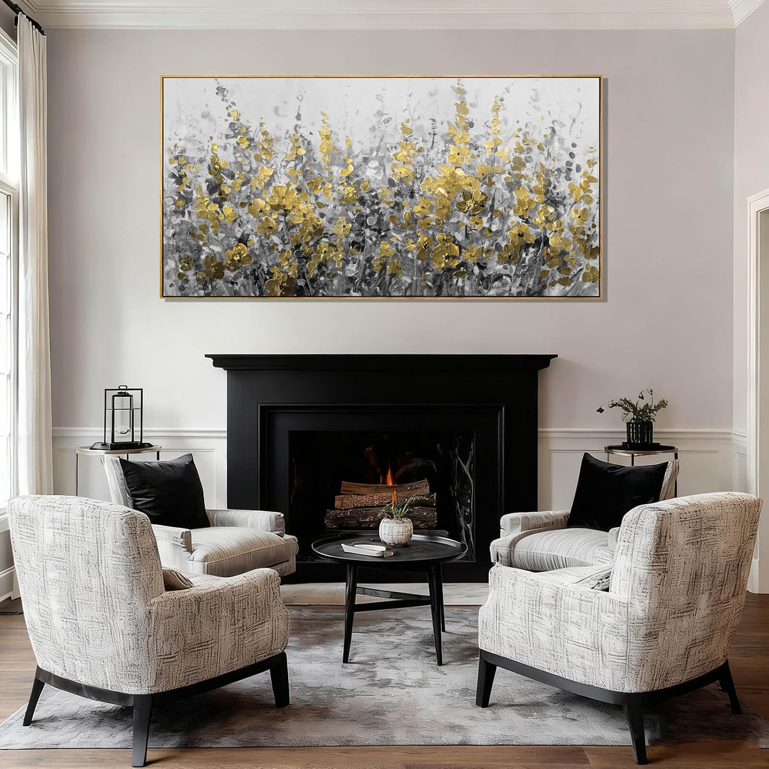 Framed Gold and Grey Abstract Flower Canvas Wall Art 24x48 Inch Textured Floral Painting Modern Decorative Artwork for Living Room Bedroom Office