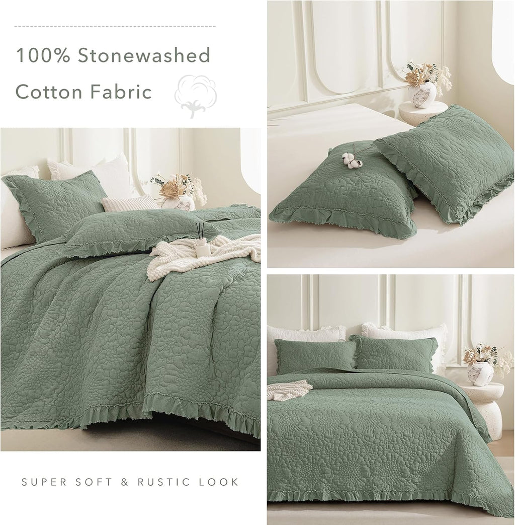 QSH 3PCs Green Oversized King Quilt Bedspread Set(120'x120'),Stonewashed Cotton Ruffled Quilt California King,Ultra Soft Lightweight Crinkled Shabby Bedspread Coverlet Bed Set for All Seasons