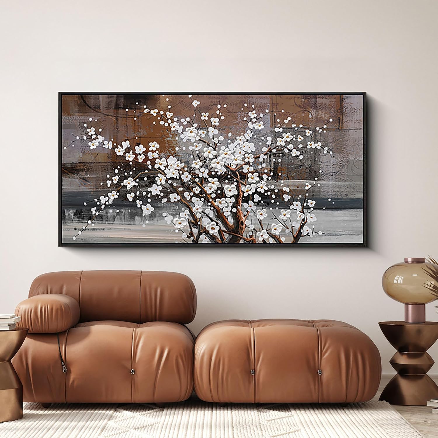 KLAKLA Wall Art for Living Room - White Plum Blossom Brown Trunk Natural Landscape Wall Decor Framed Picture Artwork for Wall Modern Paingings Extra Large Wall Art
