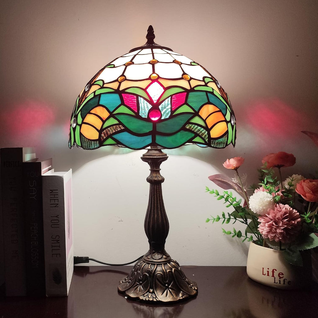 Tiffany Table Lamp Green Flowers Style Stained Glass Desk Light 12 Inch Tiffany Style Bedside Lamp with LED Bulb for Bedroom Living Room Office Decor