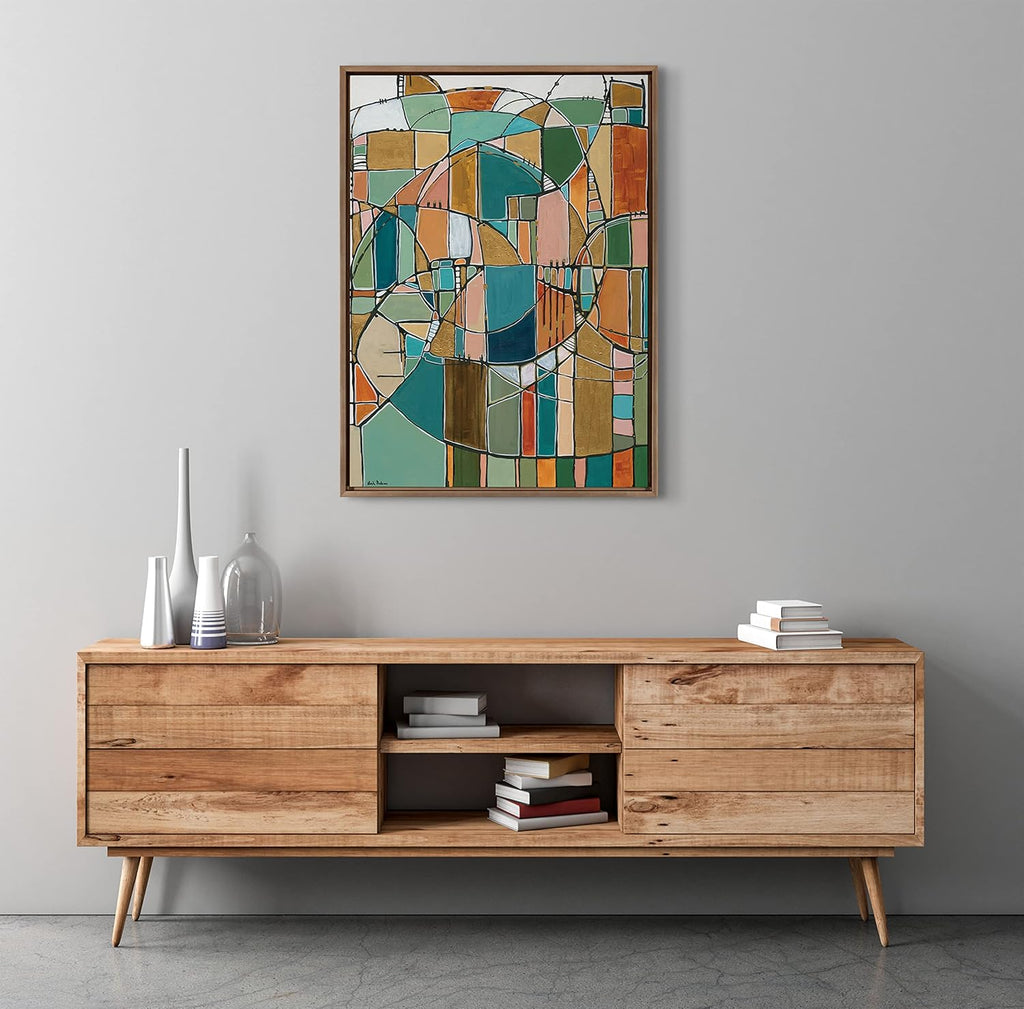 Kate and Laurel Sylvie Stardust Chords Framed Canvas Wall Art by Leah Nadeau; 28x38 Natural; Decorative Abstract Mosaic Inspired Art Print