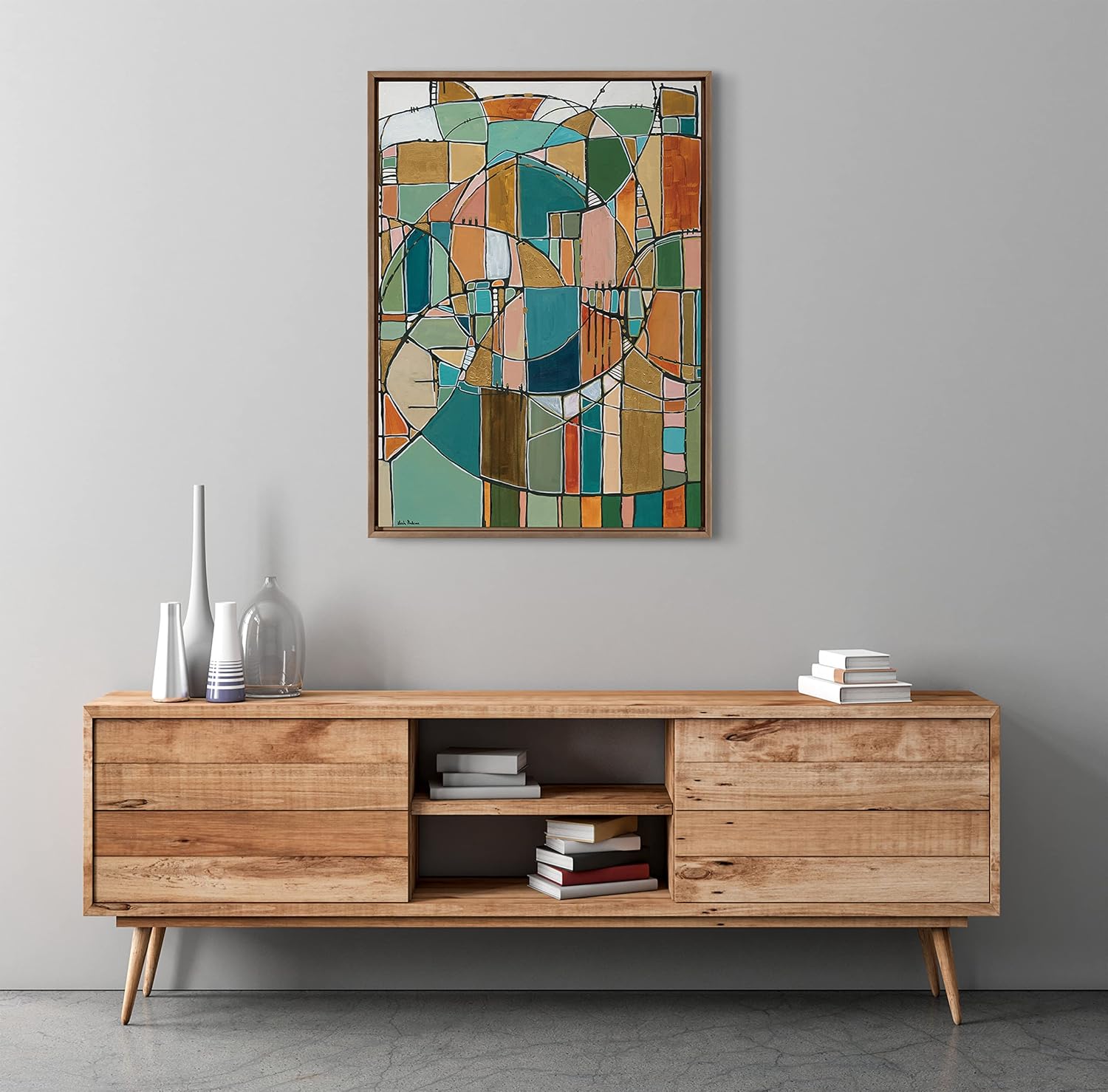 Kate and Laurel Sylvie Stardust Chords Framed Canvas Wall Art by Leah Nadeau; 28x38 Natural; Decorative Abstract Mosaic Inspired Art Print