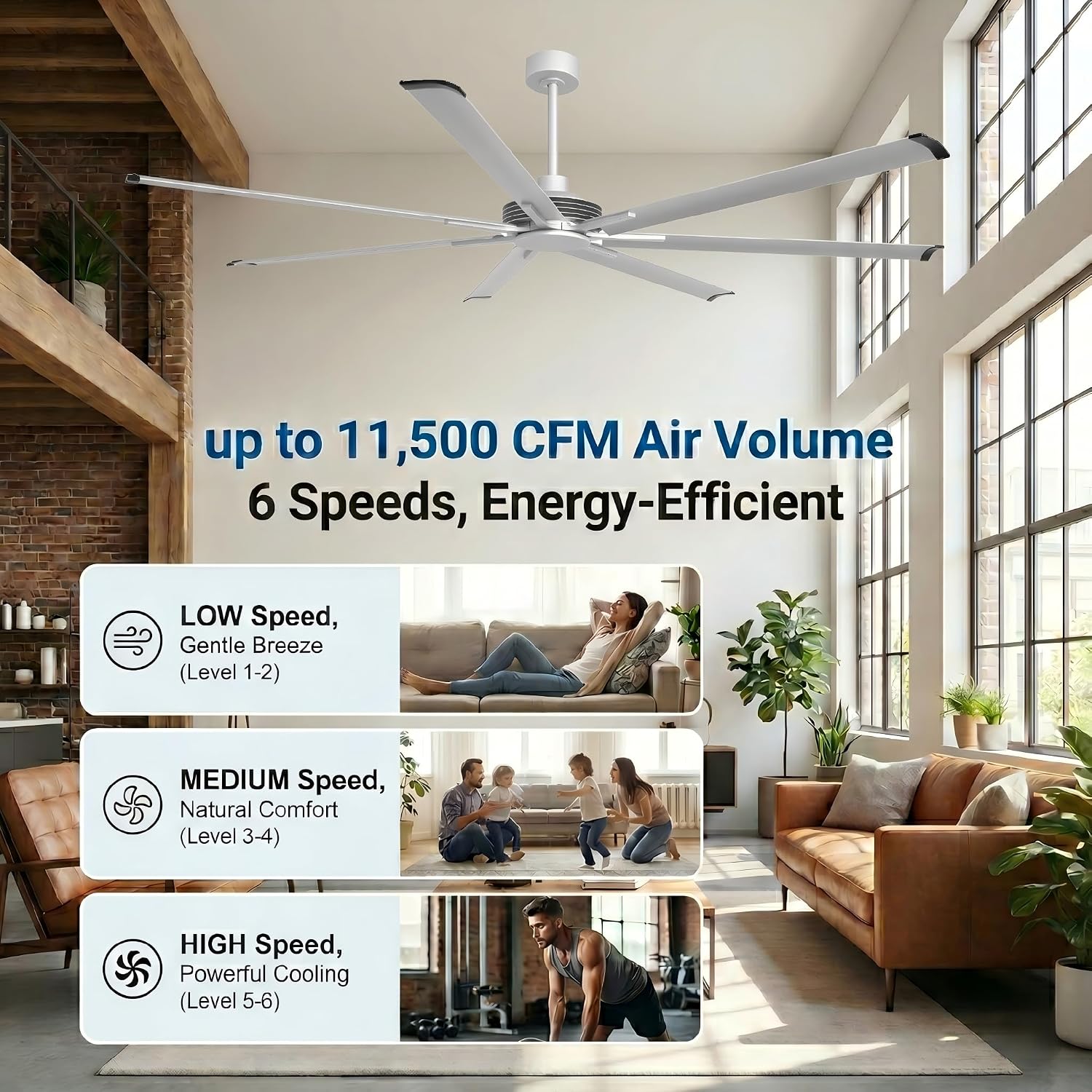 100 Inch Industrial Ceiling Fans with Remote Control Big Ceiling Fans without Lights for Living Room Shop Garage Bedroom, 6-Speed Reversible DC Motor Commercial Fans, Timer, Satin Nickel Finish