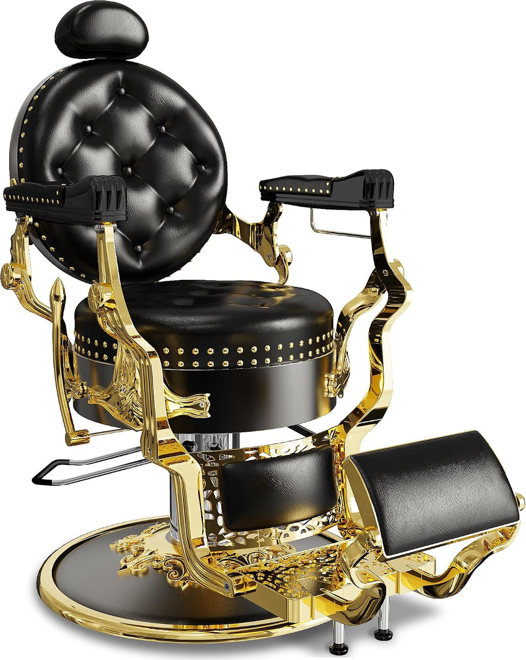 Baasha Black & Gold Retro Barber Chair, Heavy-Duty Reclining Salon Chair with Stylish Rivet Trim, Thick Cushion & Adjustable Headrest, 550 lbs Support