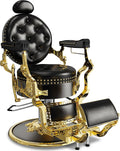 Baasha Black & Gold Retro Barber Chair, Heavy-Duty Reclining Salon Chair with Stylish Rivet Trim, Thick Cushion & Adjustable Headrest, 550 lbs Support