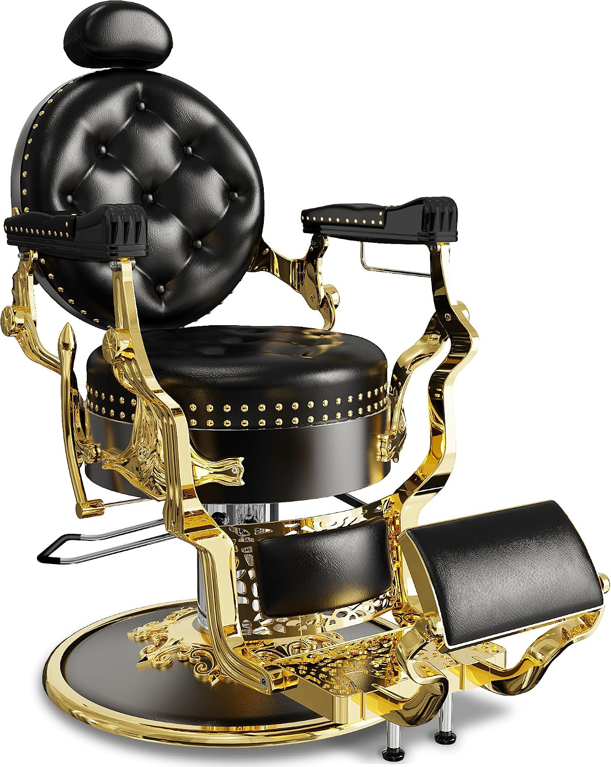 Baasha Black & Gold Retro Barber Chair, Heavy-Duty Reclining Salon Chair with Stylish Rivet Trim, Thick Cushion & Adjustable Headrest, 550 lbs Support