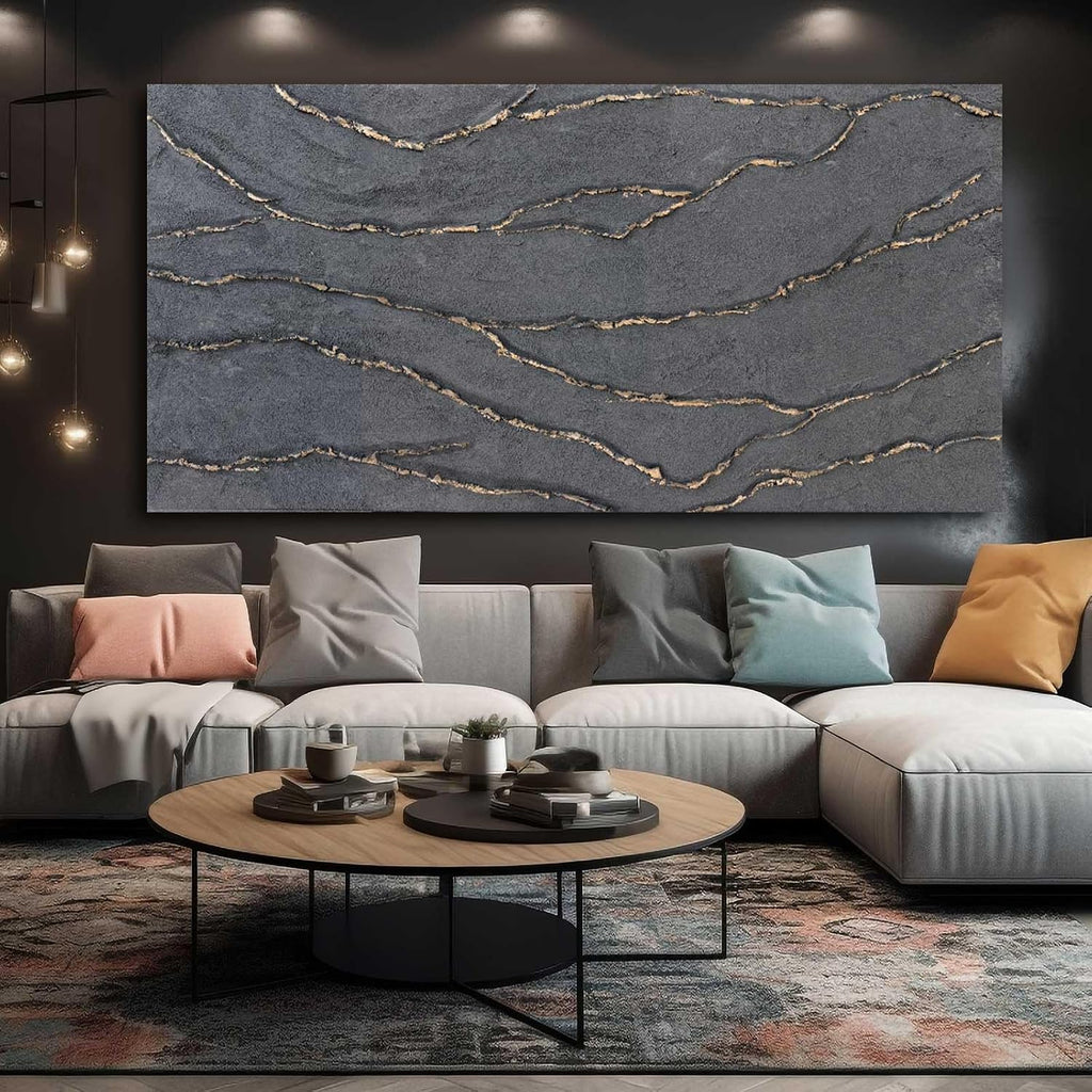 XIANSHOU Canvas Wall Art Hand Painted Large Gold and Grey Abstract Painting Textured Wall Decor 29'x58' Home Artwork Decoration for Living Room Office Bedroom Dining Room