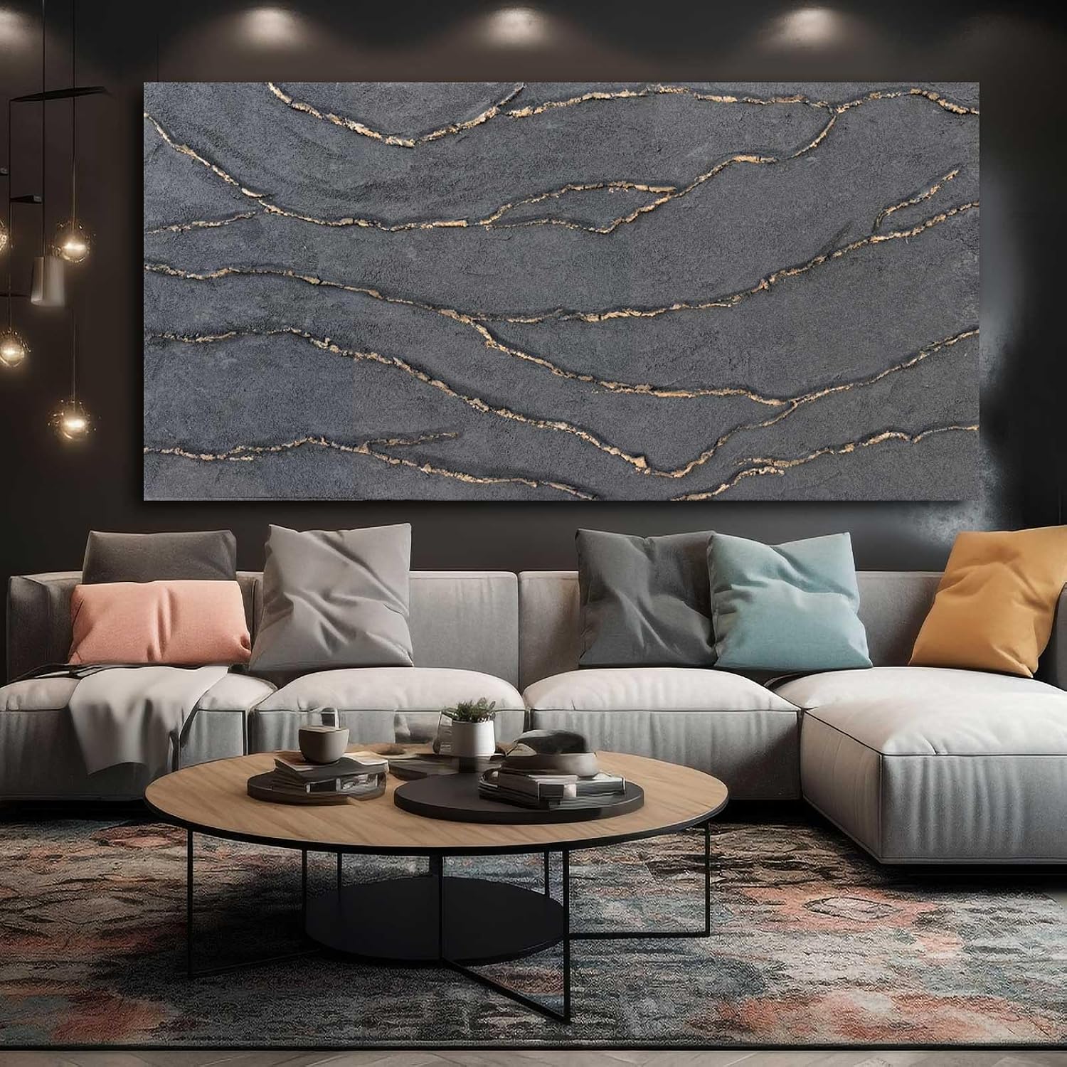 XIANSHOU Canvas Wall Art Hand Painted Large Gold and Grey Abstract Painting Textured Wall Decor 29'x58' Home Artwork Decoration for Living Room Office Bedroom Dining Room