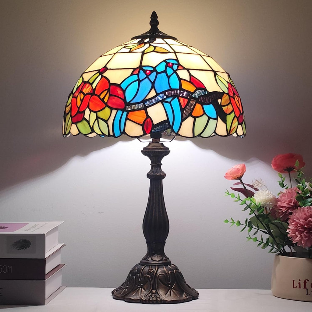 Tiffany 3-Color Stained Glass Lamp - Vintage Beside Reading Lamp, 12 inch Living Room Light, Flowers Style Antique Nightstand Light (Brids Flowers)