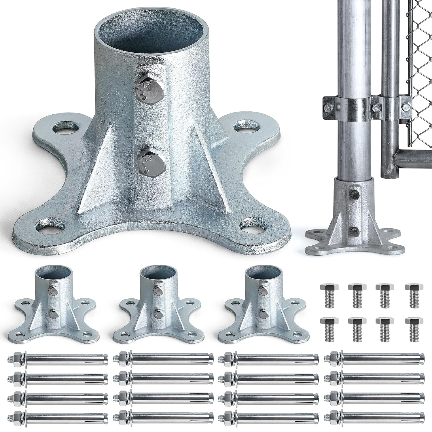 Post 2.5' (2 3/8' OD) Chain Link Fence Post Floor Flange Bracket, for Chain Link Fence Posts, Mailboxes, and Other Steel Round Post Galvanized Anchor Flange Bases (4 Pack)