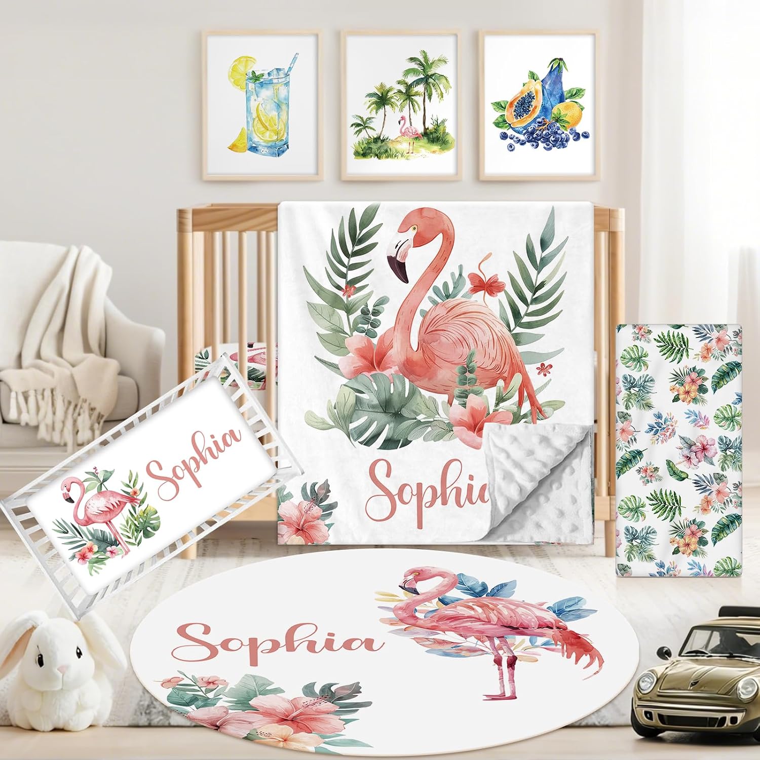 Personalized Baby Crib Bedding Set, 5 Pcs Custom Name Nursery Bedding Set for Girls Boys, Flamingo Baby Crib Set for Toddlers Infants, Double Layer Bedding Crib Sets Customized Gifts