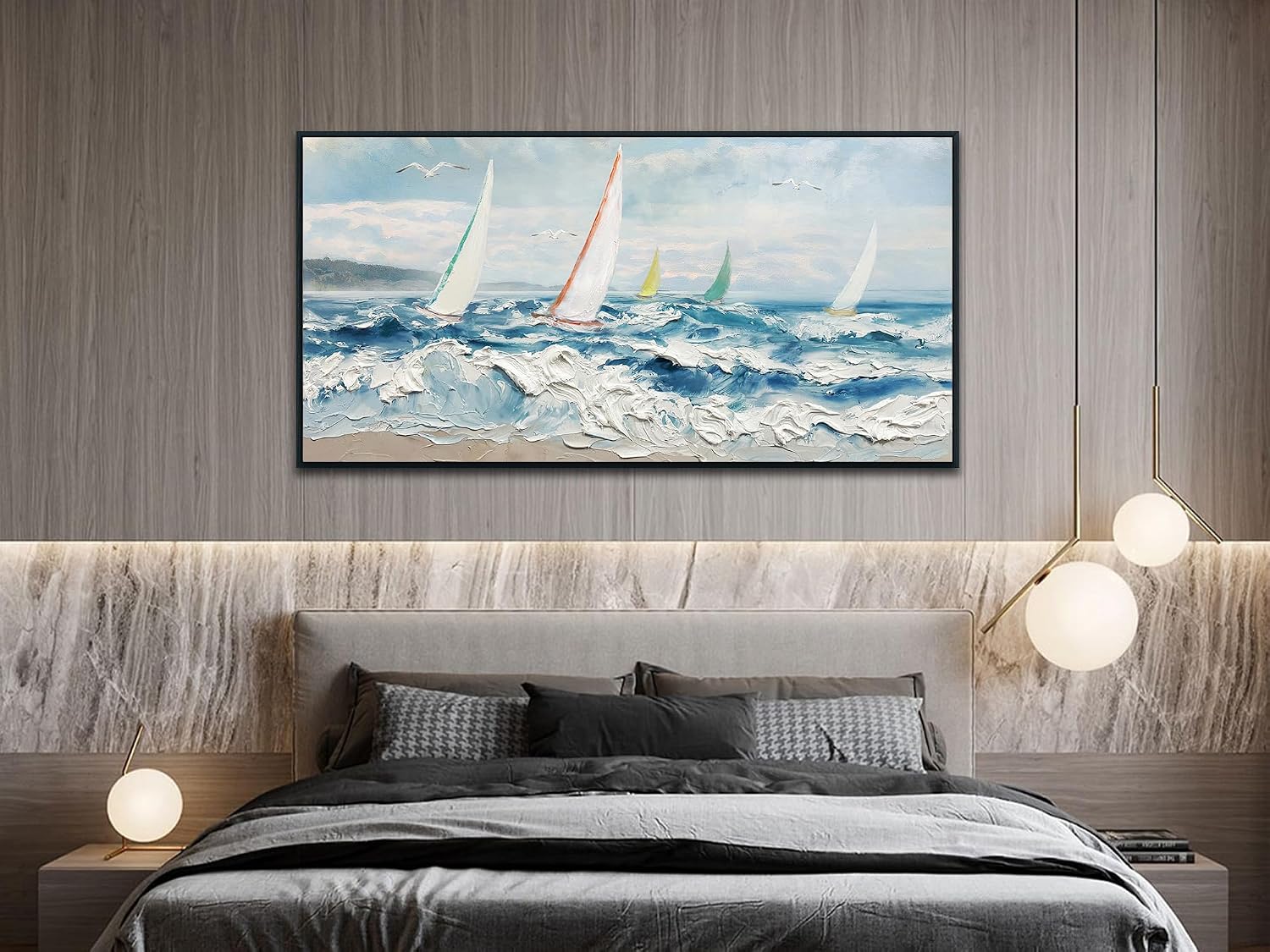 Enartly Extra 3D Textured Waves Sailboat Framed Wall Art, Ocean Coastal Beach Canvas Painting Nautical Artwork for Living Room Bedroom Dining Room Home Office Wall Decor, 58'x29'