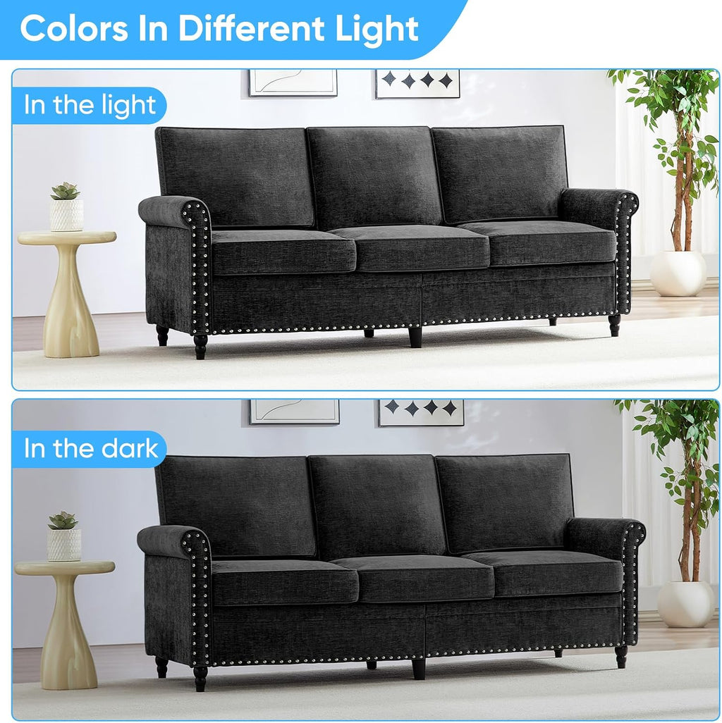 Mjkone 76' Chenille Sofa Couch, 3-Seater Living Room Sofa with Wood Frame, Gourd Shape Wood Legs, 6.7' Thickened Soft Cushion, Rivet Design, Mid Century Modern Couch for Small Spaces, Apartment, Black
